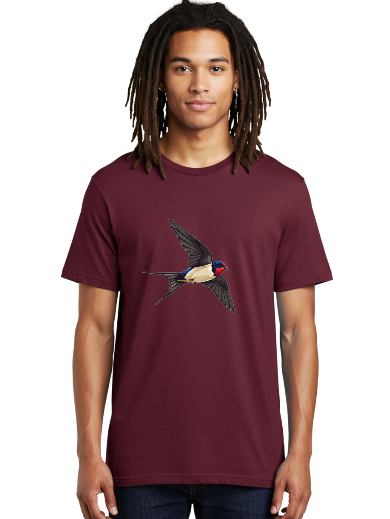 Barn-Swallow Men'S Graphic Tee, 100% Cotton, Comfortable Casual Summer Wear, Machine Washable, Swallow Bird In Flight, Bird Flying, Wings Spread, Colorful Plumage, Red Face, Blue Head, White Belly, Black Wings, Wildlife, Nature Graphics, Bae125