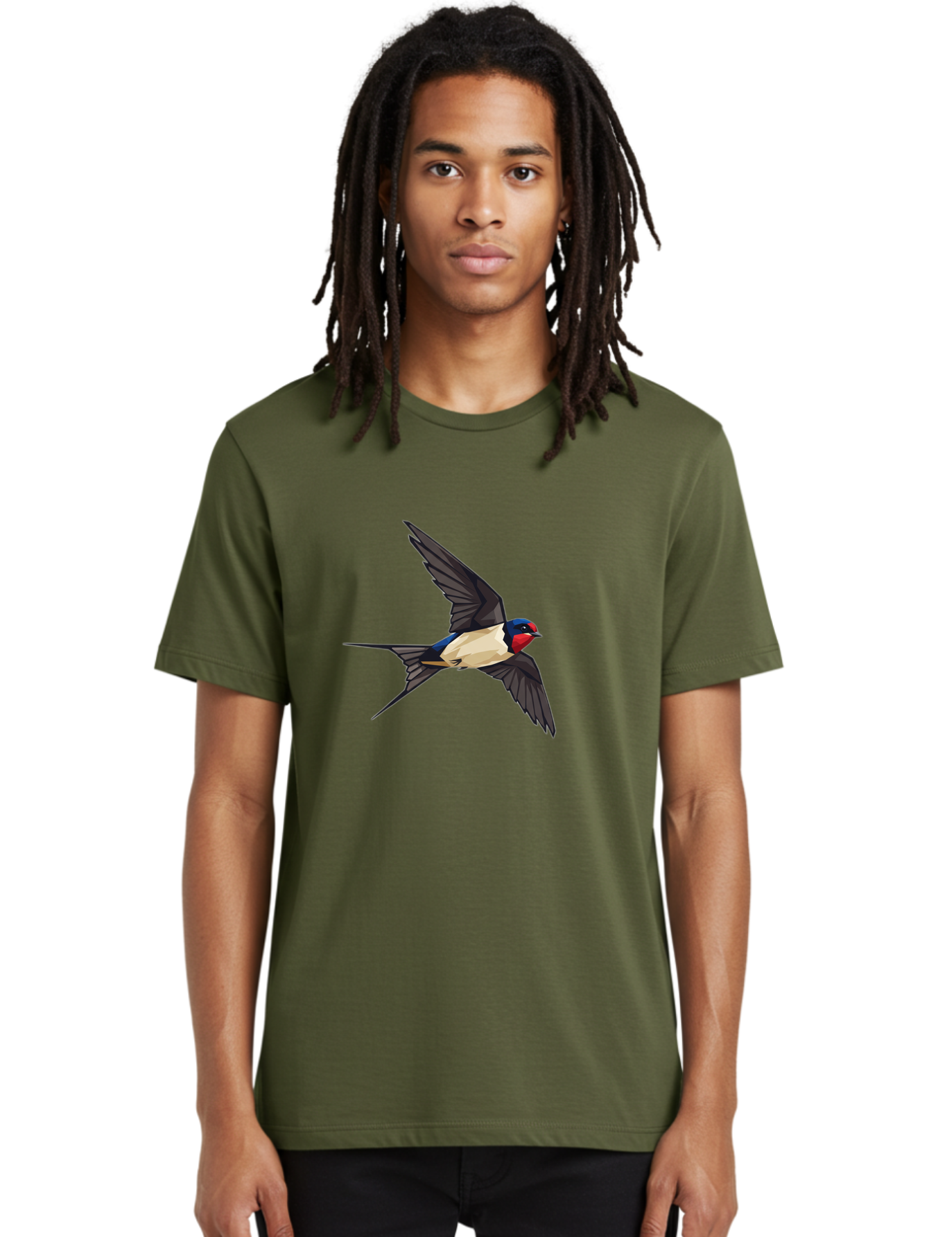 Barn-Swallow Men'S Graphic Tee, 100% Cotton, Comfortable Casual Summer Wear, Machine Washable, Swallow Bird In Flight, Bird Flying, Wings Spread, Colorful Plumage, Red Face, Blue Head, White Belly, Black Wings, Wildlife, Nature Graphics, Bae125