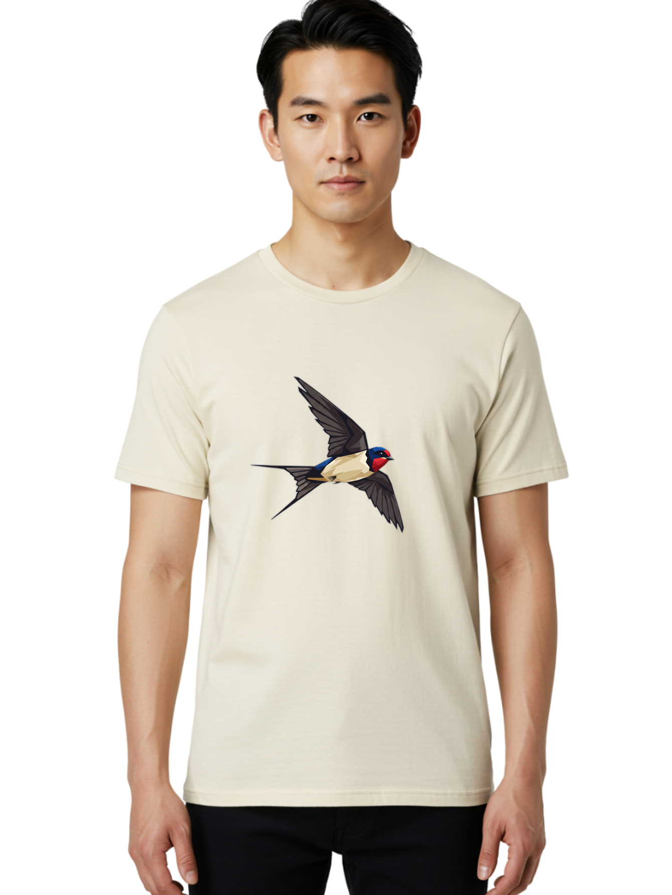 Barn-Swallow Men'S Graphic Tee, 100% Cotton, Comfortable Casual Summer Wear, Machine Washable, Swallow Bird In Flight, Bird Flying, Wings Spread, Colorful Plumage, Red Face, Blue Head, White Belly, Black Wings, Wildlife, Nature Graphics, Bae125