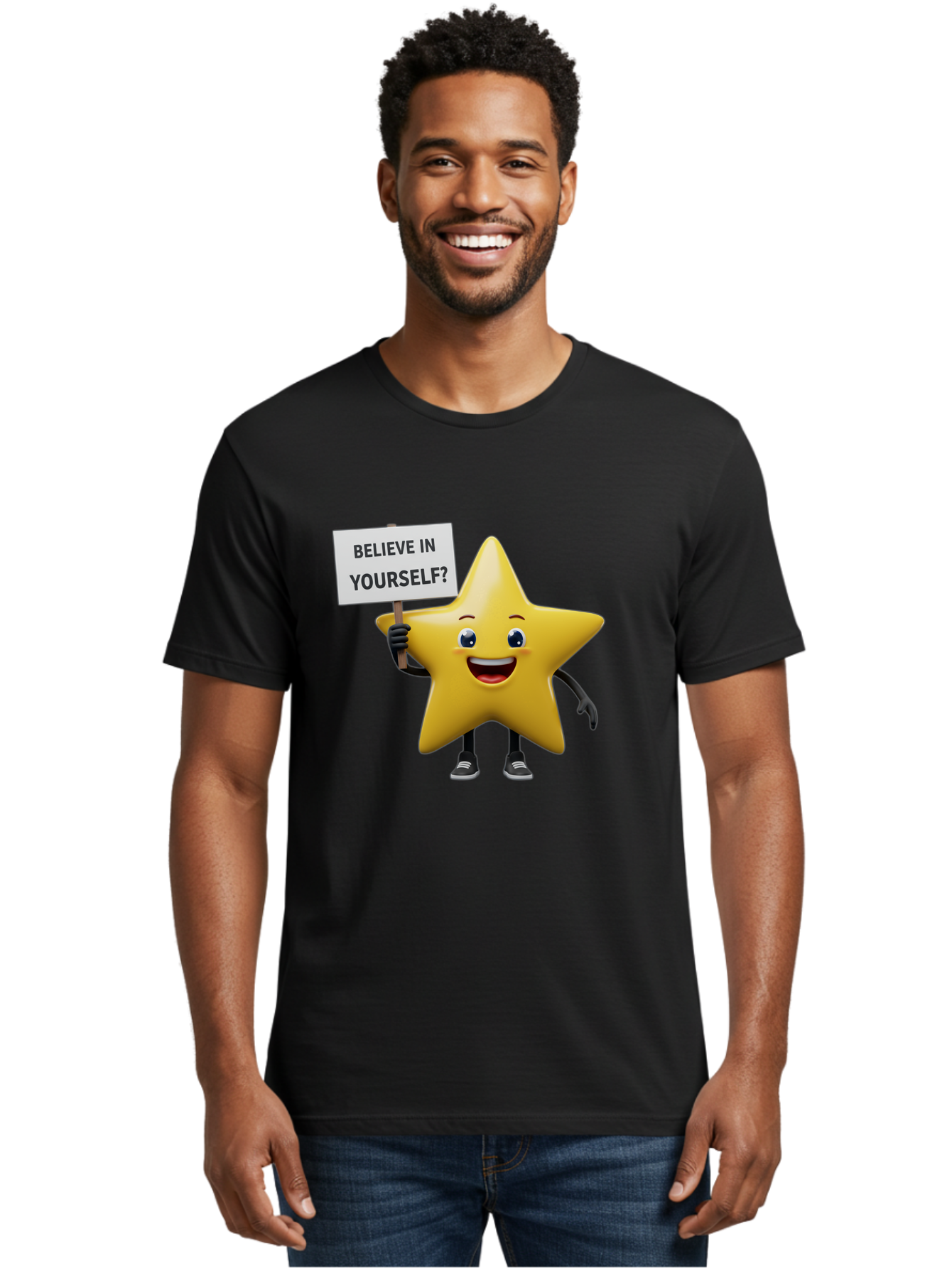 Believe-In-Yourself-1 Men'S Graphic Tee, 100% Cotton, Comfortable Casual Summer Wear, Machine Washable, Motivational Star, Believe In Yourself, Inspirational Quote, Positive Message, Cartoon Character, Happy Emotions, Confidence Booster, Bae126