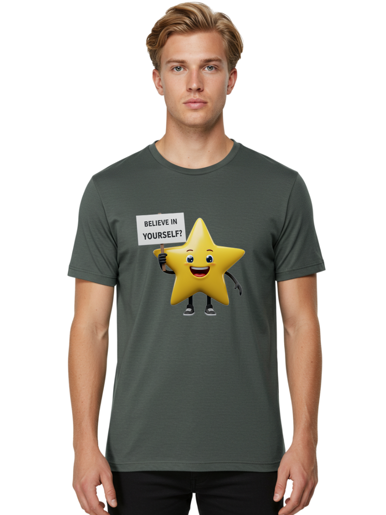 Believe-In-Yourself-1 Men'S Graphic Tee, 100% Cotton, Comfortable Casual Summer Wear, Machine Washable, Motivational Star, Believe In Yourself, Inspirational Quote, Positive Message, Cartoon Character, Happy Emotions, Confidence Booster, Bae126