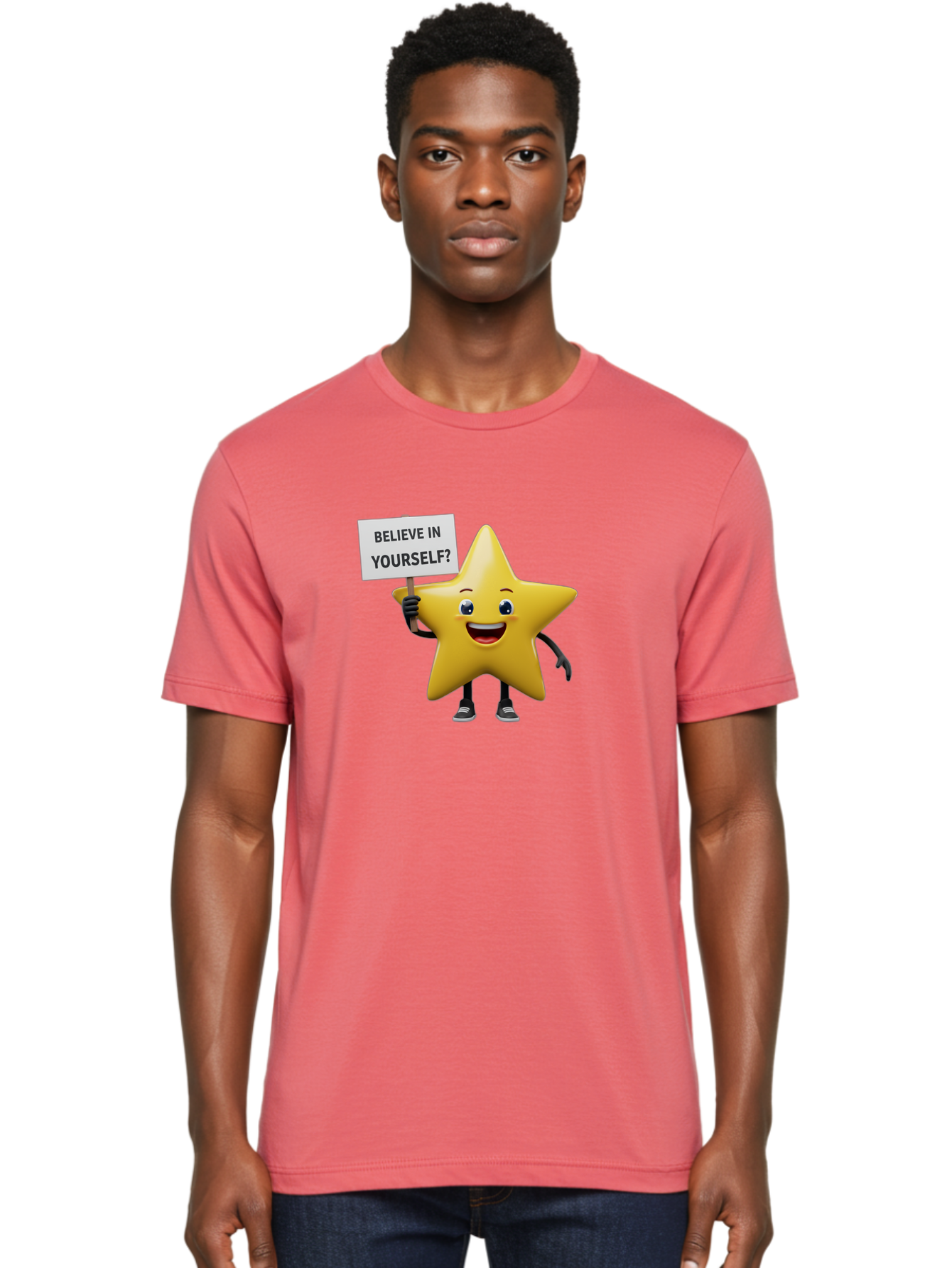 Believe-In-Yourself-1 Men'S Graphic Tee, 100% Cotton, Comfortable Casual Summer Wear, Machine Washable, Motivational Star, Believe In Yourself, Inspirational Quote, Positive Message, Cartoon Character, Happy Emotions, Confidence Booster, Bae126