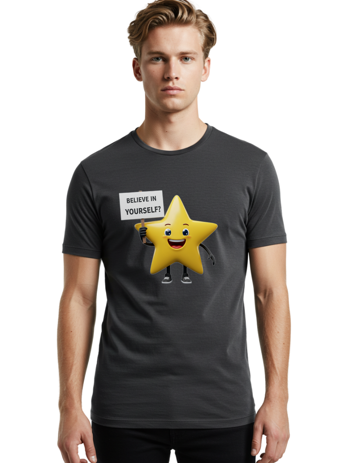Believe-In-Yourself-1 Men'S Graphic Tee, 100% Cotton, Comfortable Casual Summer Wear, Machine Washable, Motivational Star, Believe In Yourself, Inspirational Quote, Positive Message, Cartoon Character, Happy Emotions, Confidence Booster, Bae126