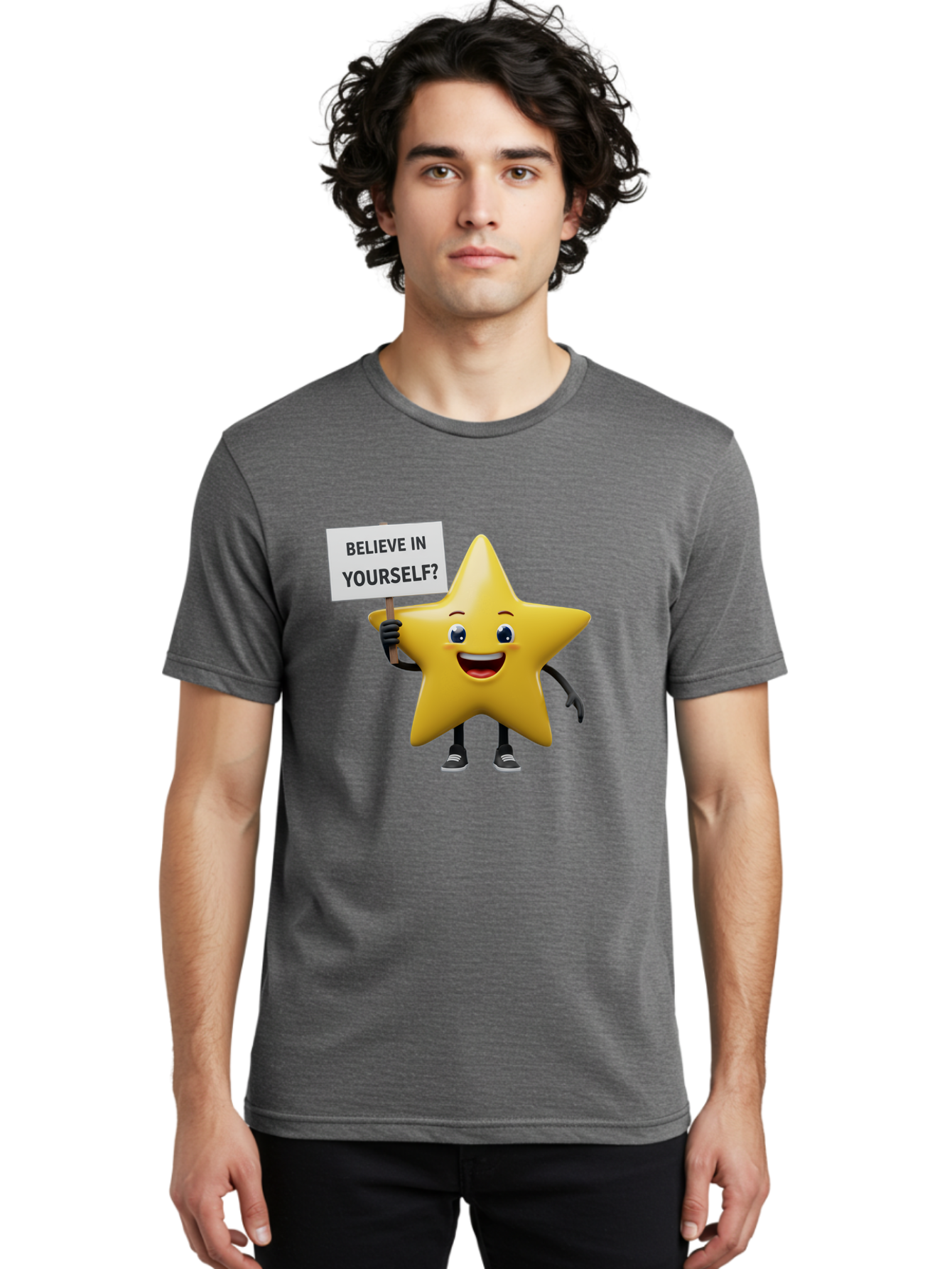Believe-In-Yourself-1 Men'S Graphic Tee, 100% Cotton, Comfortable Casual Summer Wear, Machine Washable, Motivational Star, Believe In Yourself, Inspirational Quote, Positive Message, Cartoon Character, Happy Emotions, Confidence Booster, Bae126