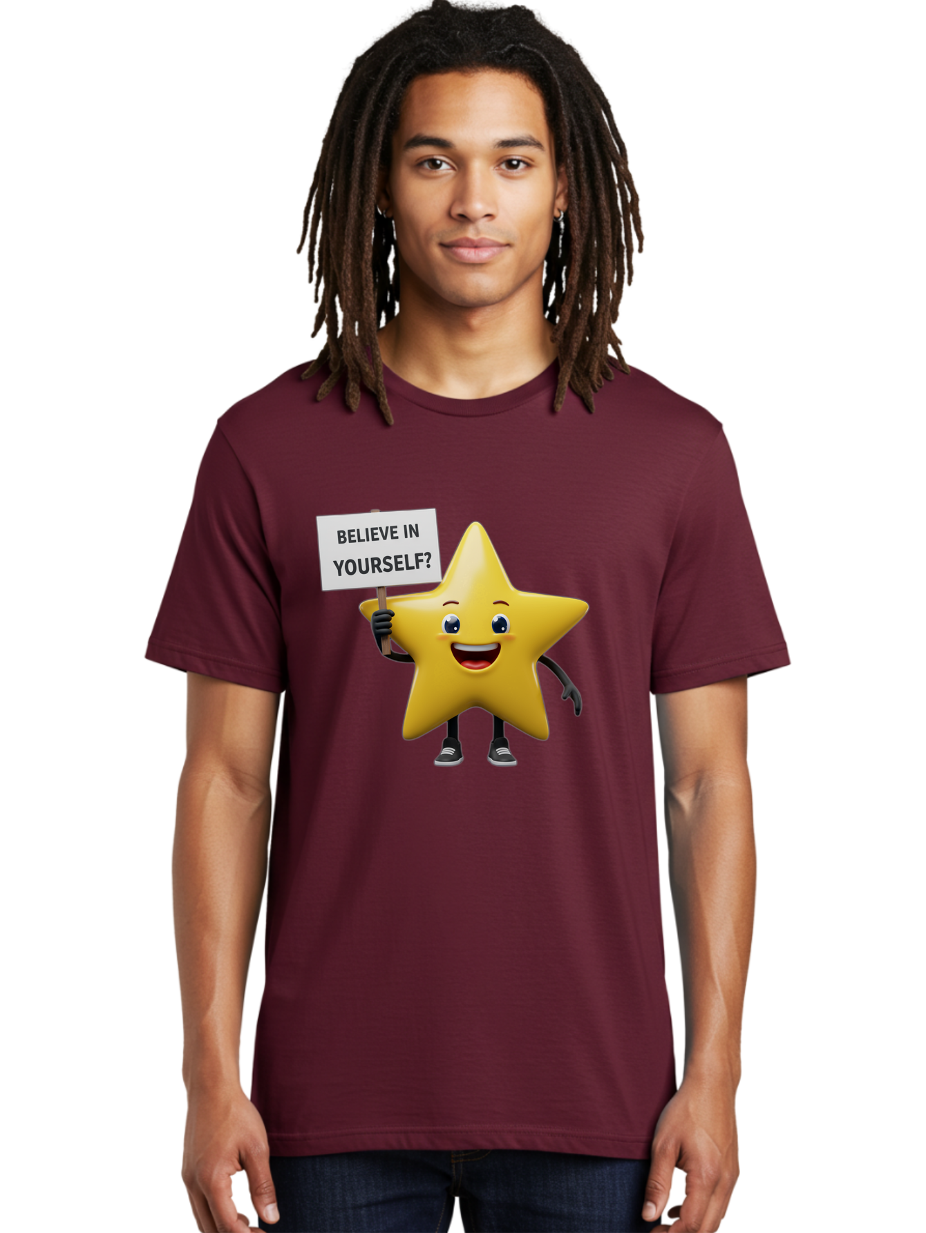 Believe-In-Yourself-1 Men'S Graphic Tee, 100% Cotton, Comfortable Casual Summer Wear, Machine Washable, Motivational Star, Believe In Yourself, Inspirational Quote, Positive Message, Cartoon Character, Happy Emotions, Confidence Booster, Bae126