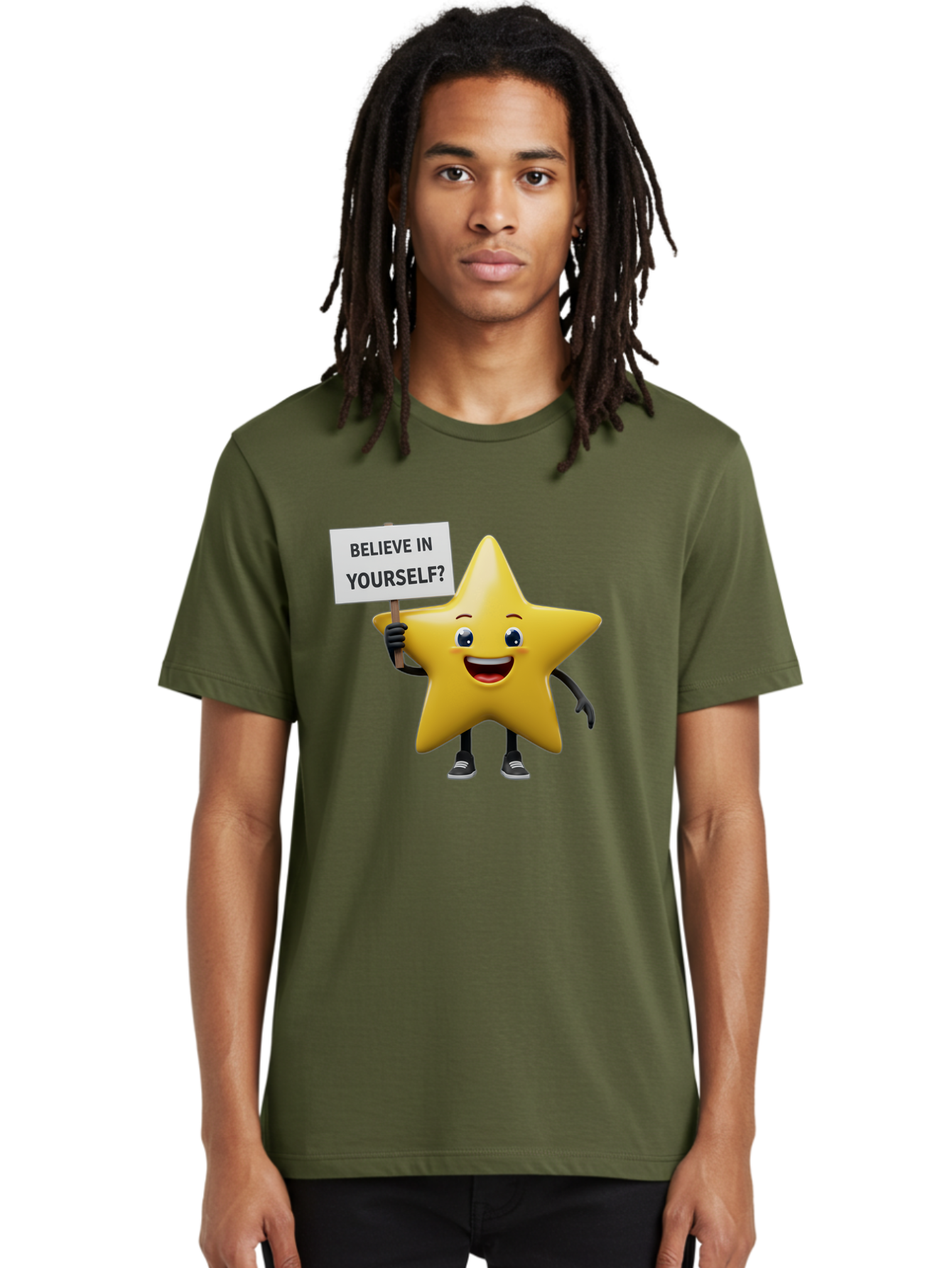 Believe-In-Yourself-1 Men'S Graphic Tee, 100% Cotton, Comfortable Casual Summer Wear, Machine Washable, Motivational Star, Believe In Yourself, Inspirational Quote, Positive Message, Cartoon Character, Happy Emotions, Confidence Booster, Bae126