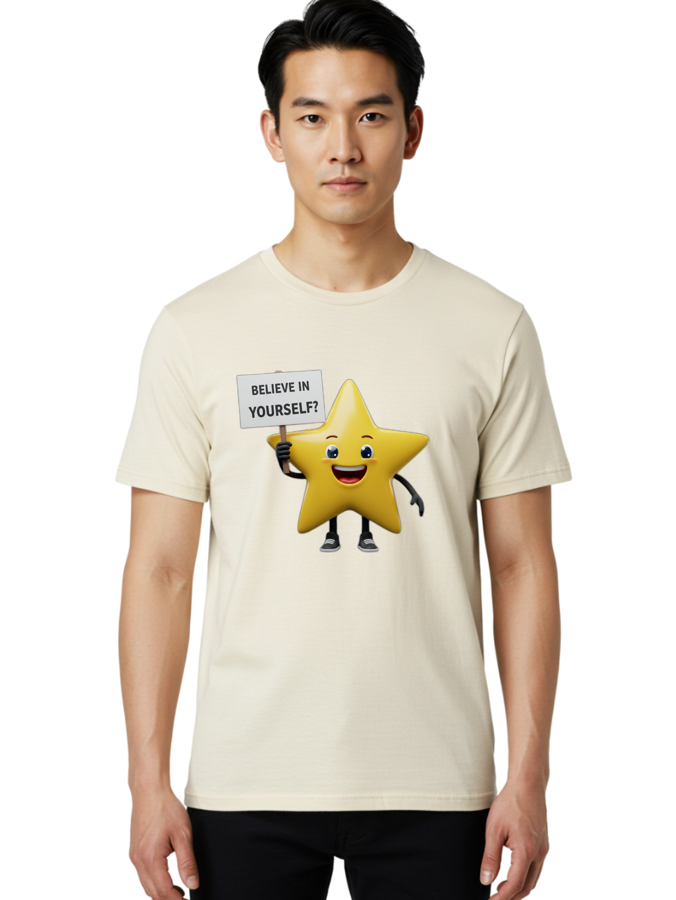 Believe-In-Yourself-1 Men'S Graphic Tee, 100% Cotton, Comfortable Casual Summer Wear, Machine Washable, Motivational Star, Believe In Yourself, Inspirational Quote, Positive Message, Cartoon Character, Happy Emotions, Confidence Booster, Bae126
