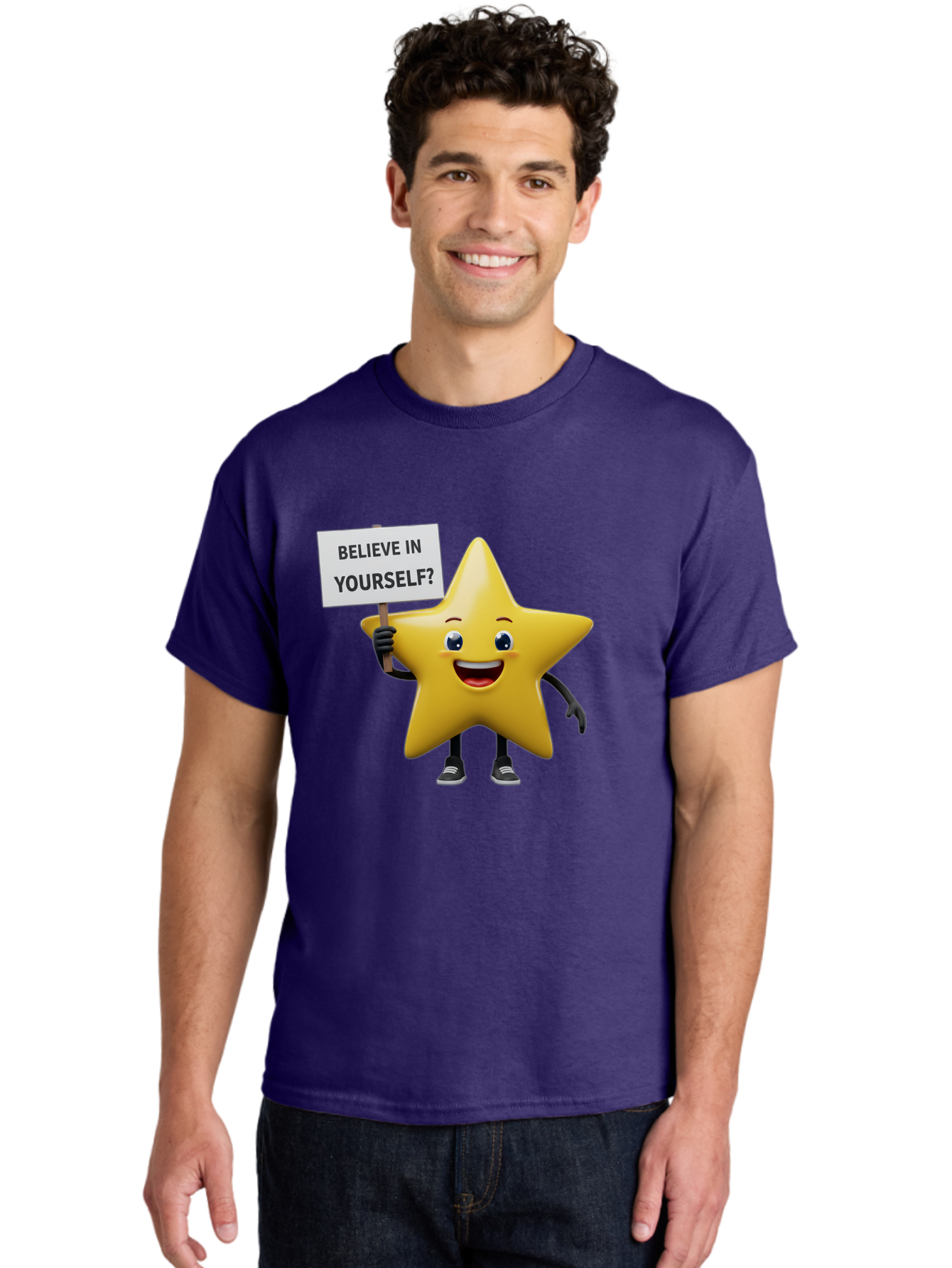 Believe-In-Yourself-1 Men'S Graphic Tee, 100% Cotton, Comfortable Casual Summer Wear, Machine Washable, Motivational Star, Believe In Yourself, Inspirational Quote, Positive Message, Cartoon Character, Happy Emotions, Confidence Booster, Bae126