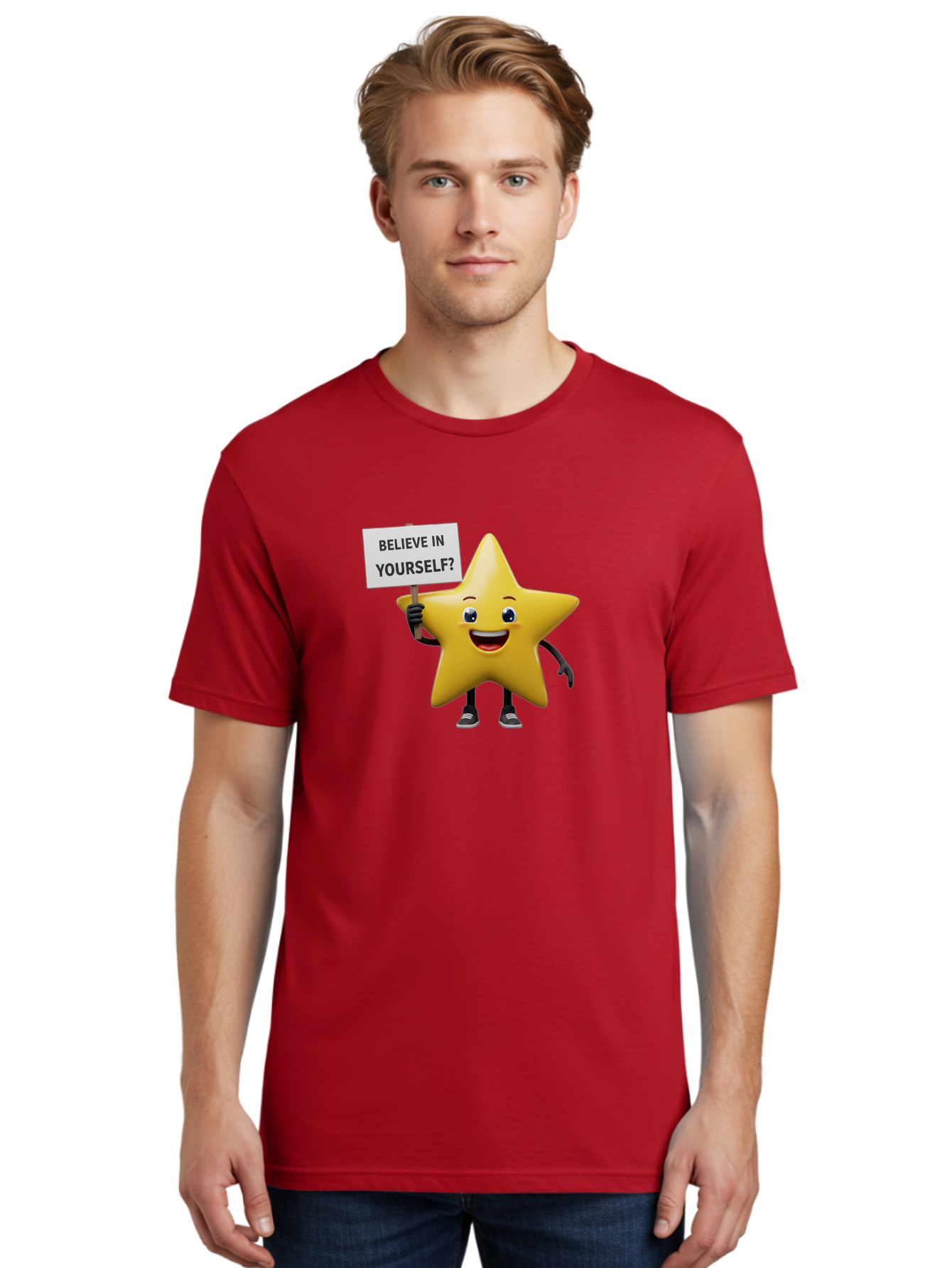 Believe-In-Yourself-1 Men'S Graphic Tee, 100% Cotton, Comfortable Casual Summer Wear, Machine Washable, Motivational Star, Believe In Yourself, Inspirational Quote, Positive Message, Cartoon Character, Happy Emotions, Confidence Booster, Bae126