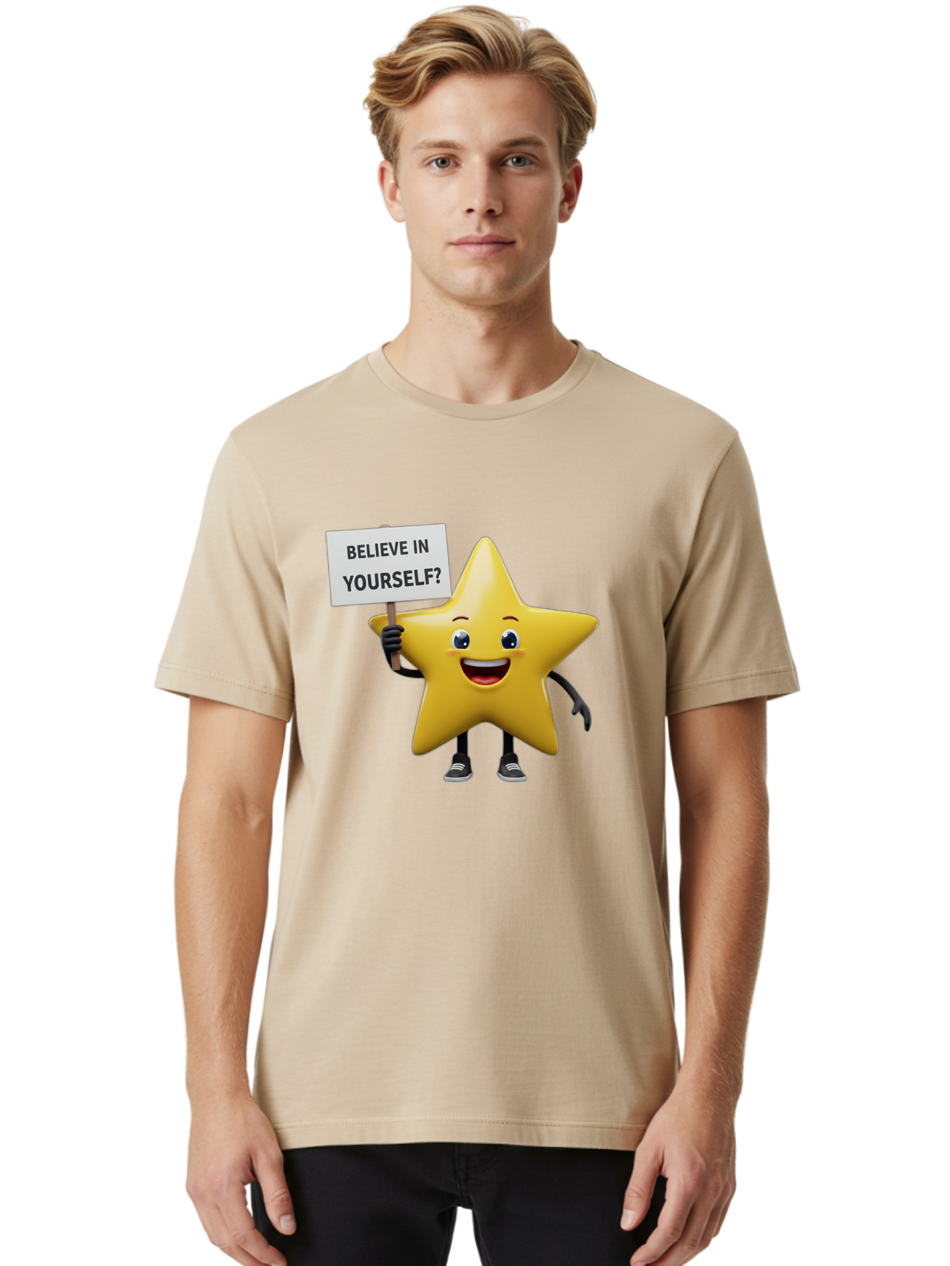 Believe-In-Yourself-1 Men'S Graphic Tee, 100% Cotton, Comfortable Casual Summer Wear, Machine Washable, Motivational Star, Believe In Yourself, Inspirational Quote, Positive Message, Cartoon Character, Happy Emotions, Confidence Booster, Bae126