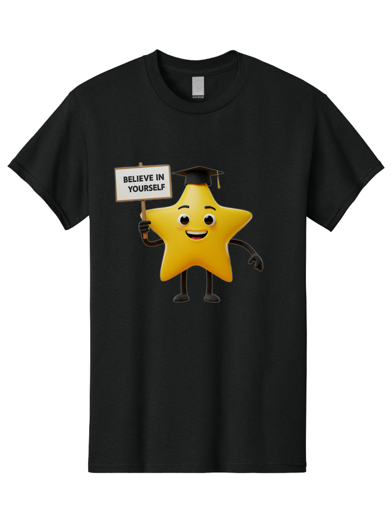 Believe-In-Yourself-10 Men'S Graphic Tee, 100% Cotton, Comfortable Casual Summer Wear, Machine Washable, Motivational Star, Inspirational Quote, Graduation Cap, Self-Confidence, Positivity, Encouragement, Yellow Star Character, Bae127