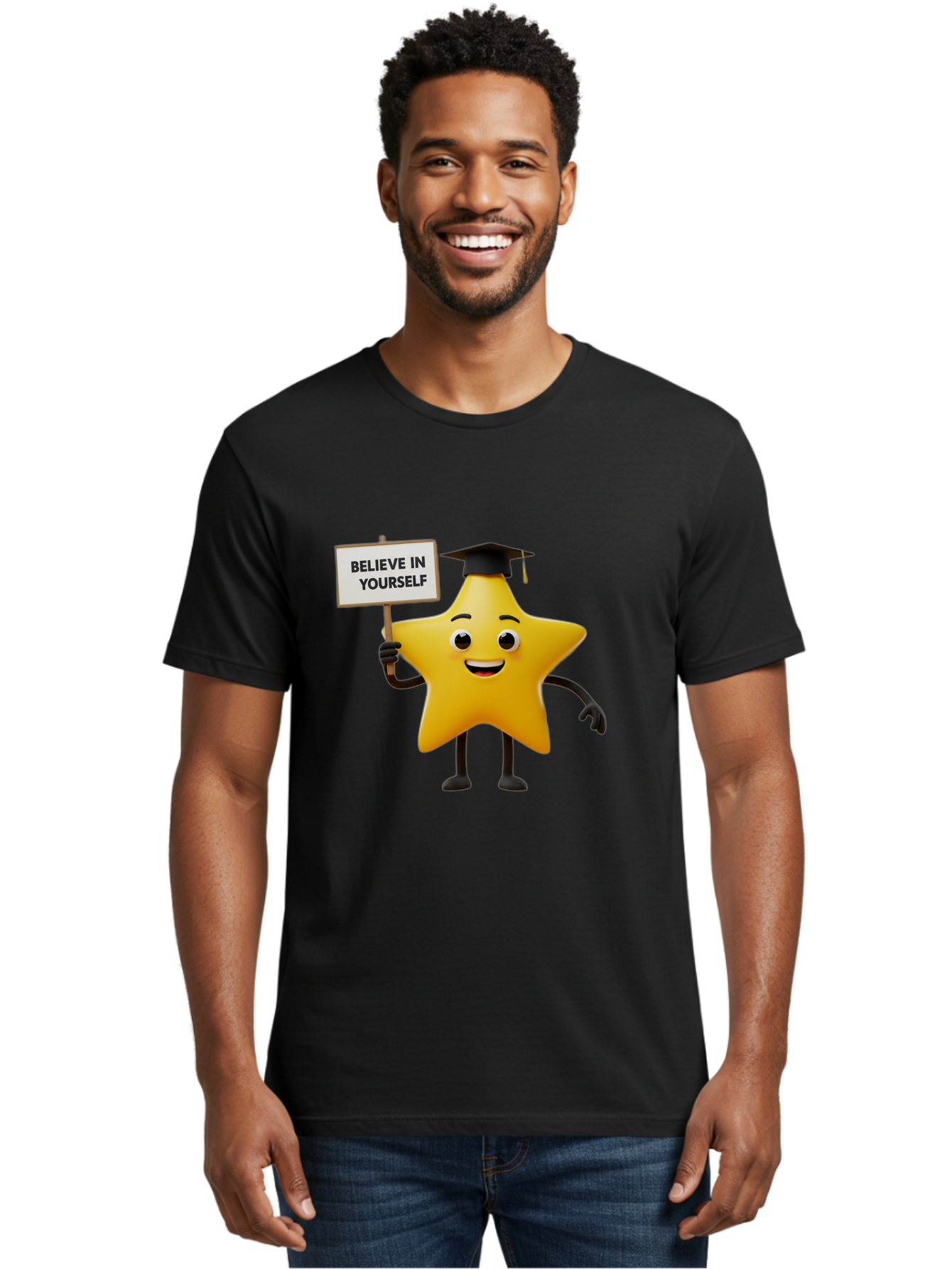 Believe-In-Yourself-10 Men'S Graphic Tee, 100% Cotton, Comfortable Casual Summer Wear, Machine Washable, Motivational Star, Inspirational Quote, Graduation Cap, Self-Confidence, Positivity, Encouragement, Yellow Star Character, Bae127