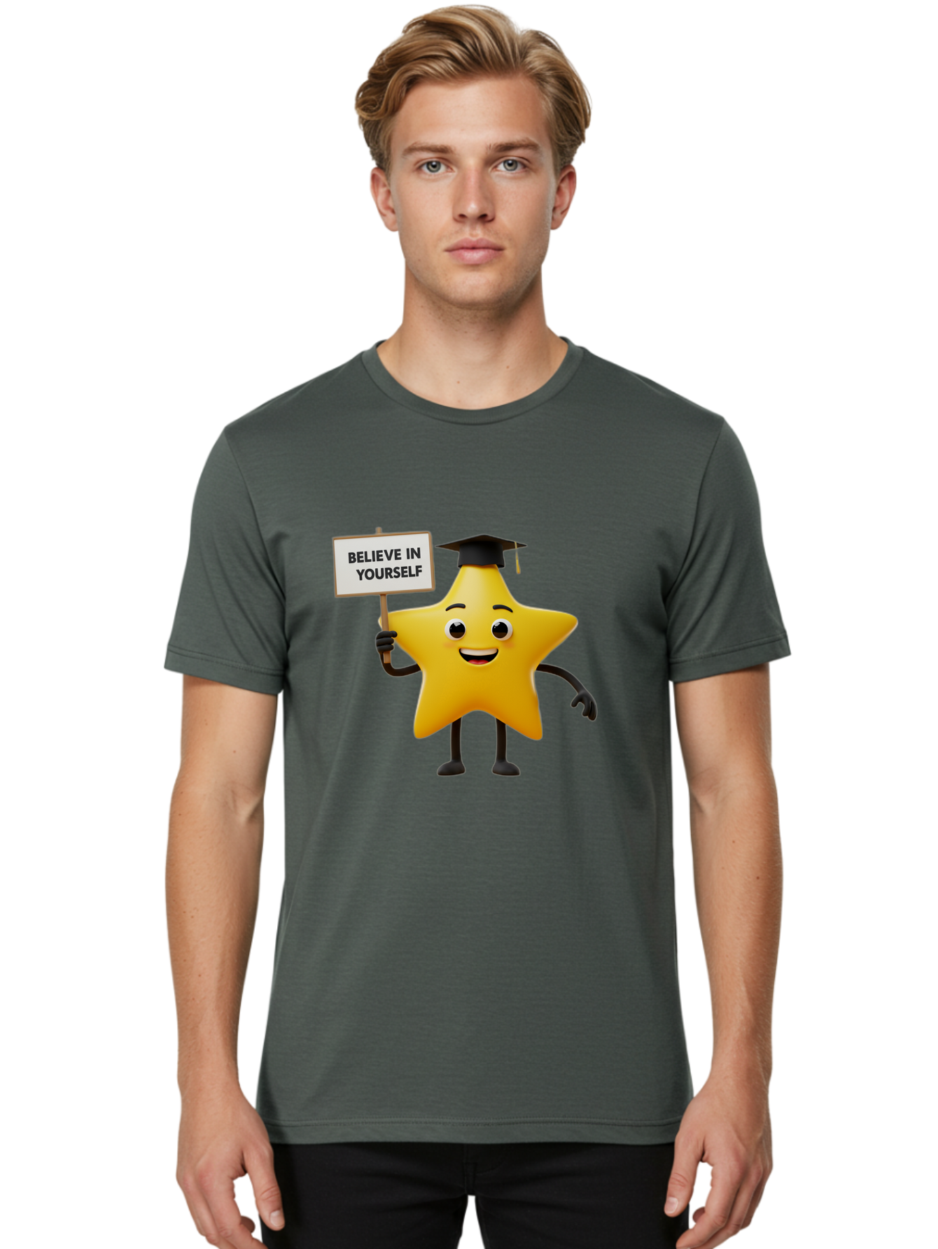 Believe-In-Yourself-10 Men'S Graphic Tee, 100% Cotton, Comfortable Casual Summer Wear, Machine Washable, Motivational Star, Inspirational Quote, Graduation Cap, Self-Confidence, Positivity, Encouragement, Yellow Star Character, Bae127
