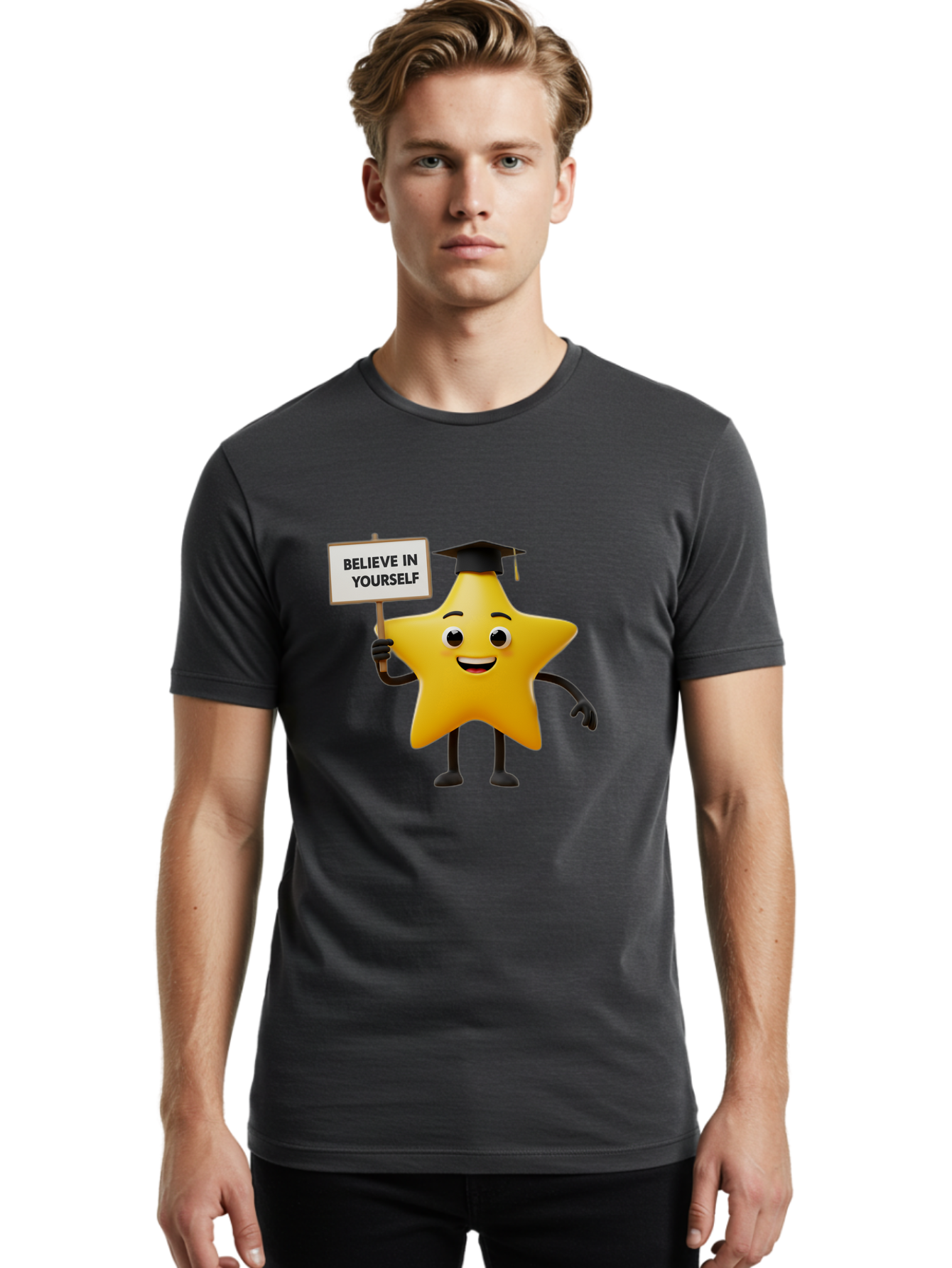 Believe-In-Yourself-10 Men'S Graphic Tee, 100% Cotton, Comfortable Casual Summer Wear, Machine Washable, Motivational Star, Inspirational Quote, Graduation Cap, Self-Confidence, Positivity, Encouragement, Yellow Star Character, Bae127