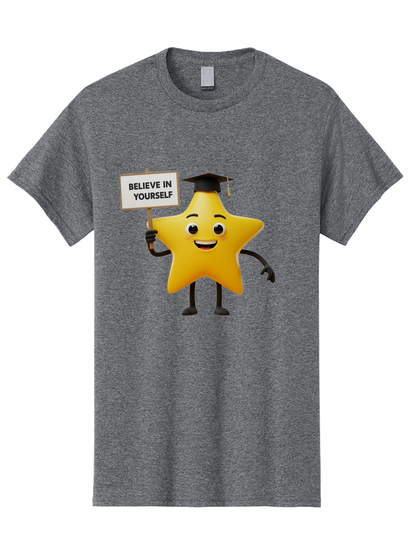 Believe-In-Yourself-10 Men'S Graphic Tee, 100% Cotton, Comfortable Casual Summer Wear, Machine Washable, Motivational Star, Inspirational Quote, Graduation Cap, Self-Confidence, Positivity, Encouragement, Yellow Star Character, Bae127
