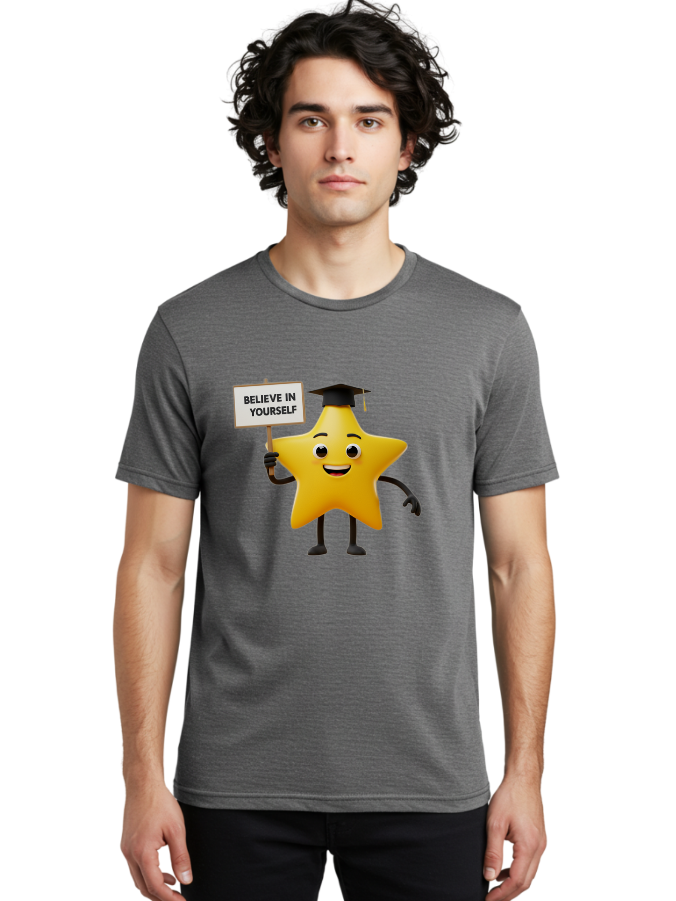 Believe-In-Yourself-10 Men'S Graphic Tee, 100% Cotton, Comfortable Casual Summer Wear, Machine Washable, Motivational Star, Inspirational Quote, Graduation Cap, Self-Confidence, Positivity, Encouragement, Yellow Star Character, Bae127