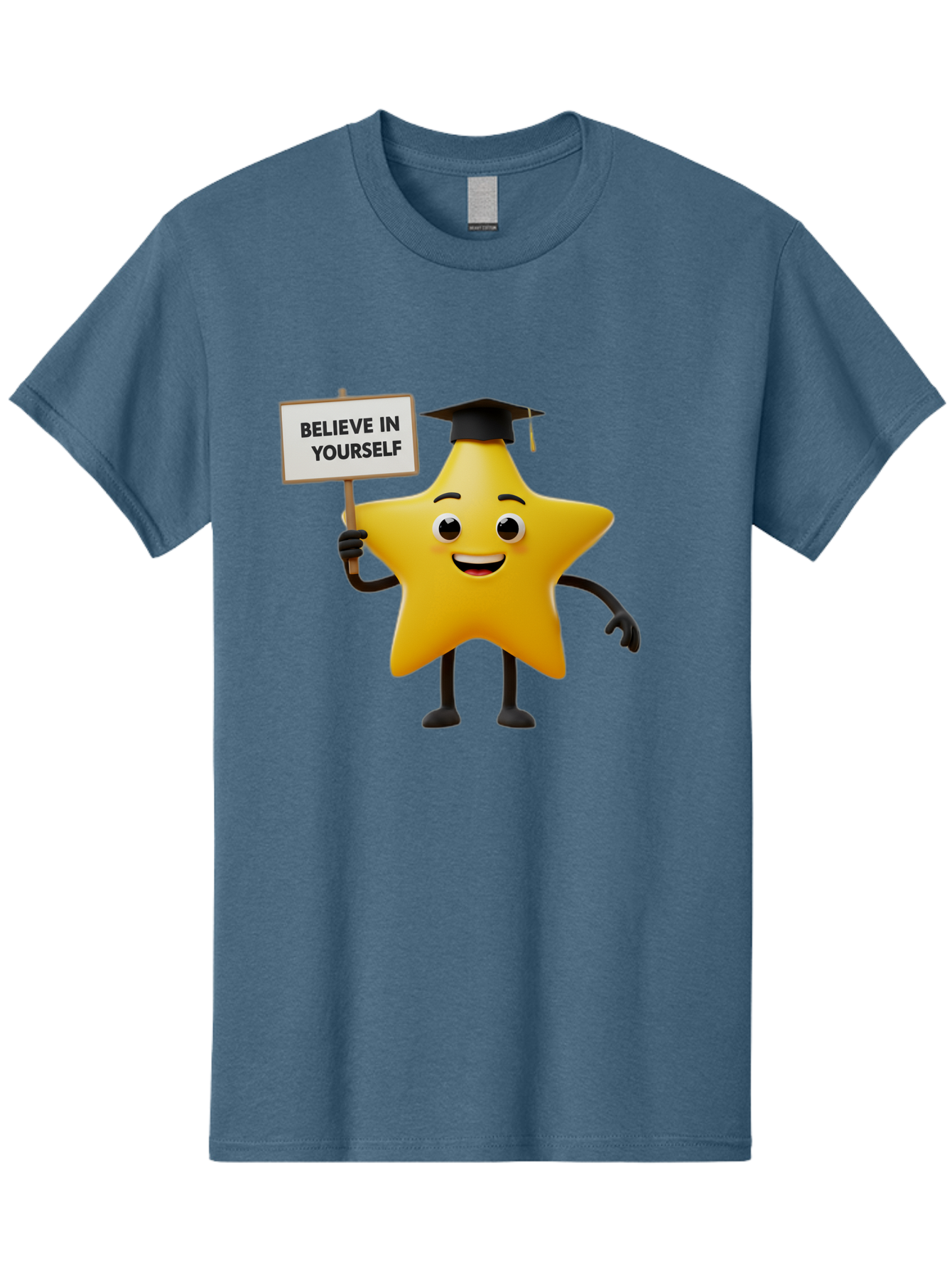 Believe-In-Yourself-10 Men'S Graphic Tee, 100% Cotton, Comfortable Casual Summer Wear, Machine Washable, Motivational Star, Inspirational Quote, Graduation Cap, Self-Confidence, Positivity, Encouragement, Yellow Star Character, Bae127