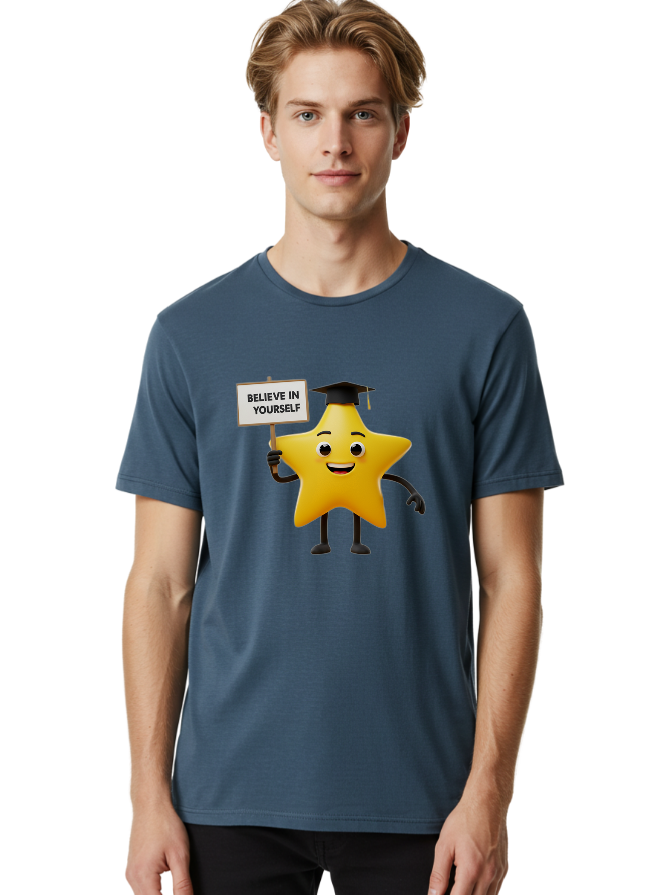 Believe-In-Yourself-10 Men'S Graphic Tee, 100% Cotton, Comfortable Casual Summer Wear, Machine Washable, Motivational Star, Inspirational Quote, Graduation Cap, Self-Confidence, Positivity, Encouragement, Yellow Star Character, Bae127
