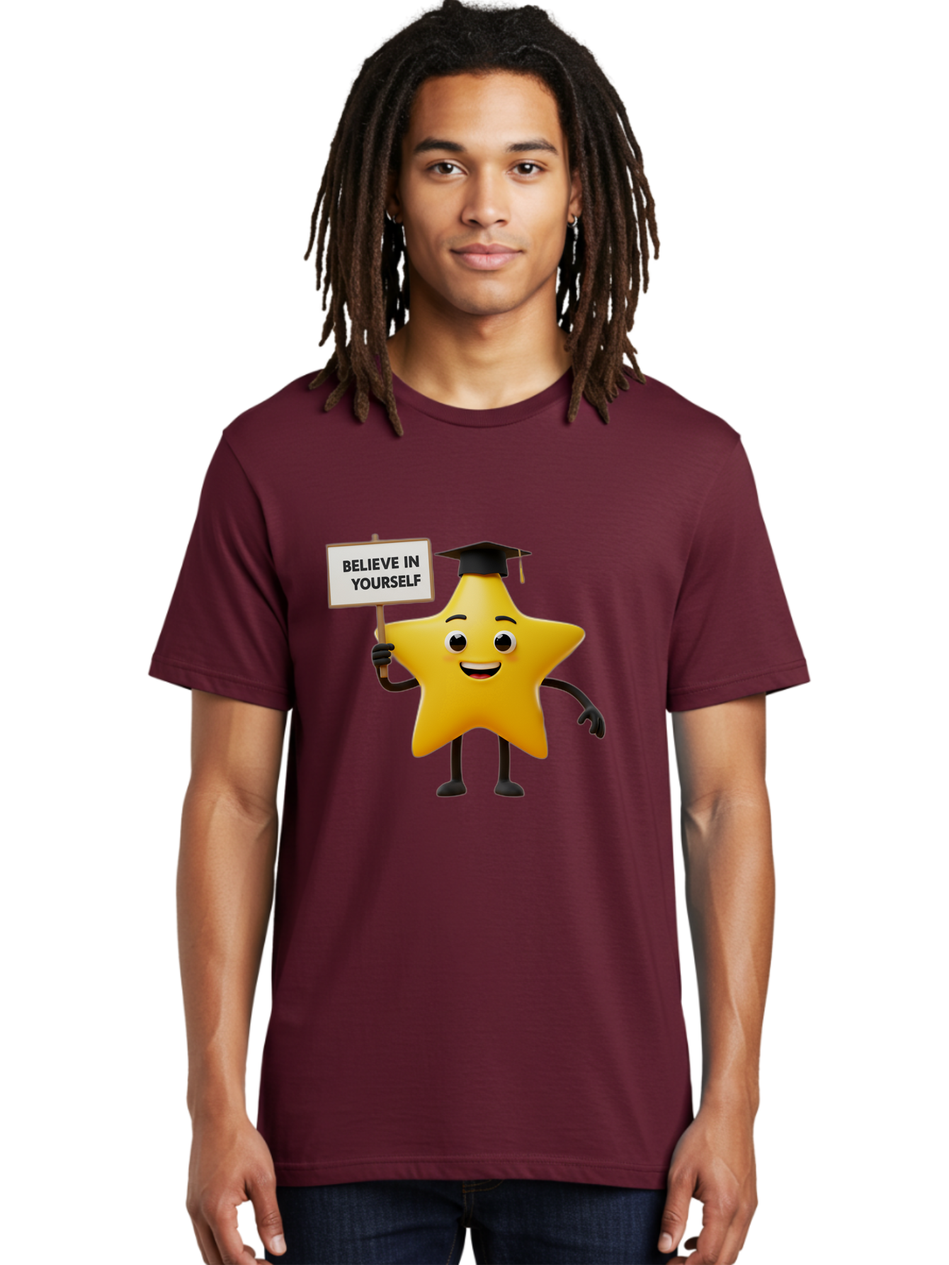 Believe-In-Yourself-10 Men'S Graphic Tee, 100% Cotton, Comfortable Casual Summer Wear, Machine Washable, Motivational Star, Inspirational Quote, Graduation Cap, Self-Confidence, Positivity, Encouragement, Yellow Star Character, Bae127