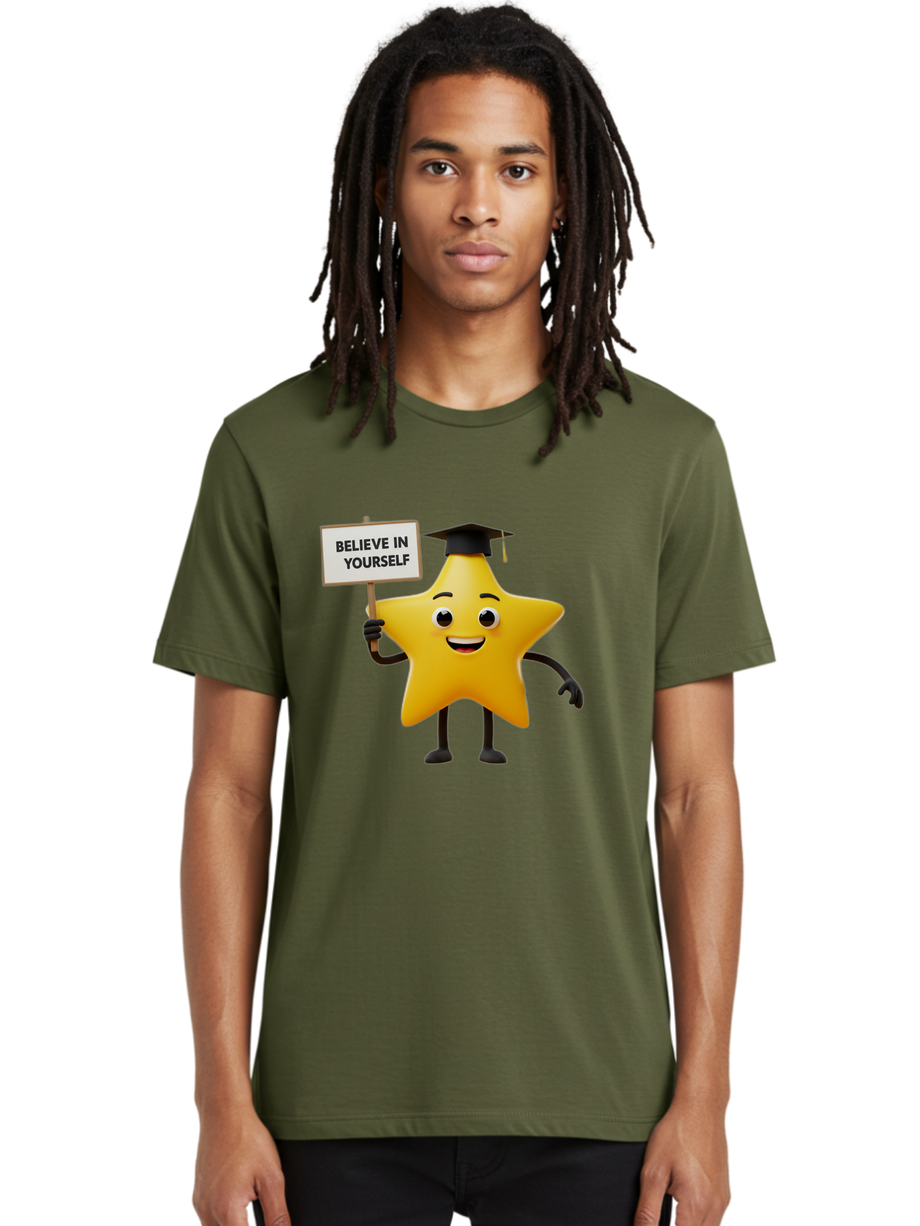 Believe-In-Yourself-10 Men'S Graphic Tee, 100% Cotton, Comfortable Casual Summer Wear, Machine Washable, Motivational Star, Inspirational Quote, Graduation Cap, Self-Confidence, Positivity, Encouragement, Yellow Star Character, Bae127