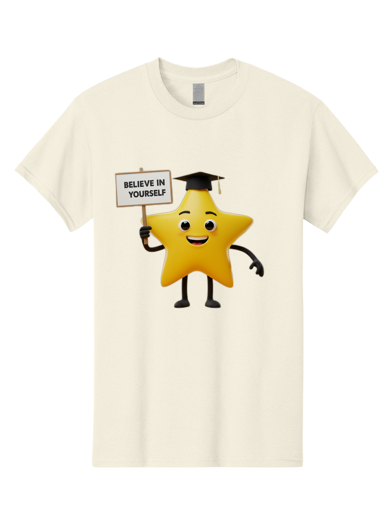 Believe-In-Yourself-10 Men'S Graphic Tee, 100% Cotton, Comfortable Casual Summer Wear, Machine Washable, Motivational Star, Inspirational Quote, Graduation Cap, Self-Confidence, Positivity, Encouragement, Yellow Star Character, Bae127