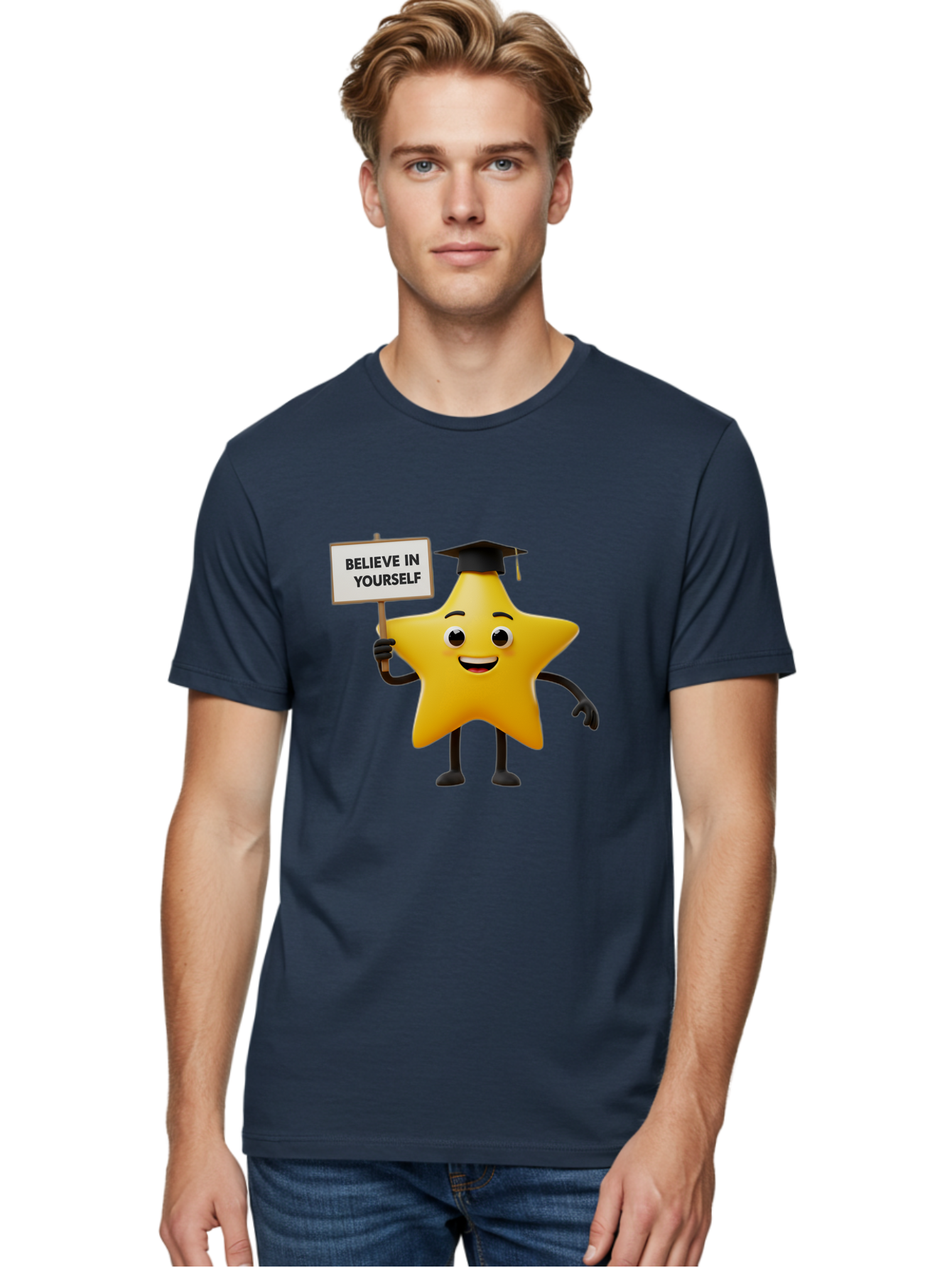 Believe-In-Yourself-10 Men'S Graphic Tee, 100% Cotton, Comfortable Casual Summer Wear, Machine Washable, Motivational Star, Inspirational Quote, Graduation Cap, Self-Confidence, Positivity, Encouragement, Yellow Star Character, Bae127