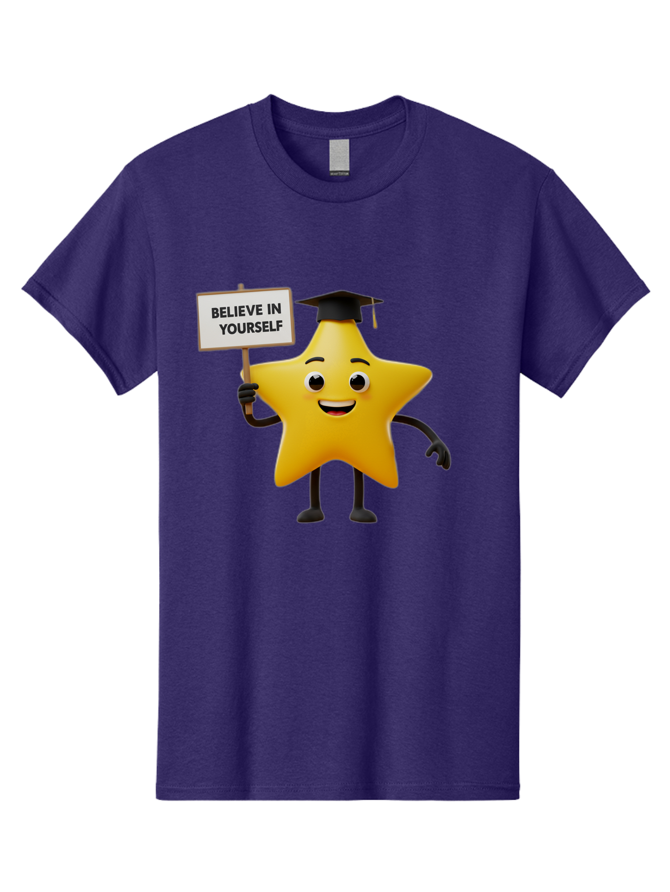 Believe-In-Yourself-10 Men'S Graphic Tee, 100% Cotton, Comfortable Casual Summer Wear, Machine Washable, Motivational Star, Inspirational Quote, Graduation Cap, Self-Confidence, Positivity, Encouragement, Yellow Star Character, Bae127