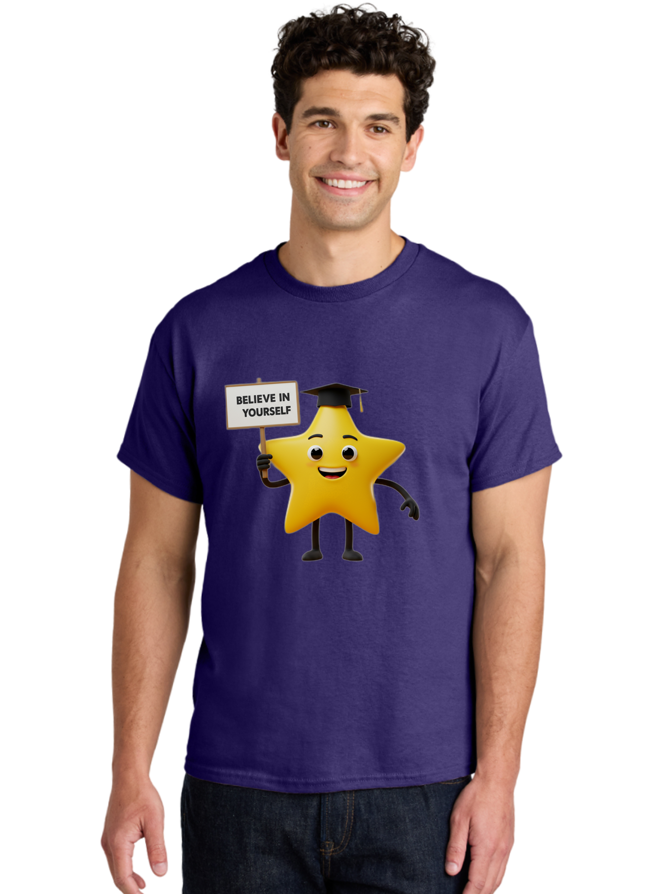 Believe-In-Yourself-10 Men'S Graphic Tee, 100% Cotton, Comfortable Casual Summer Wear, Machine Washable, Motivational Star, Inspirational Quote, Graduation Cap, Self-Confidence, Positivity, Encouragement, Yellow Star Character, Bae127