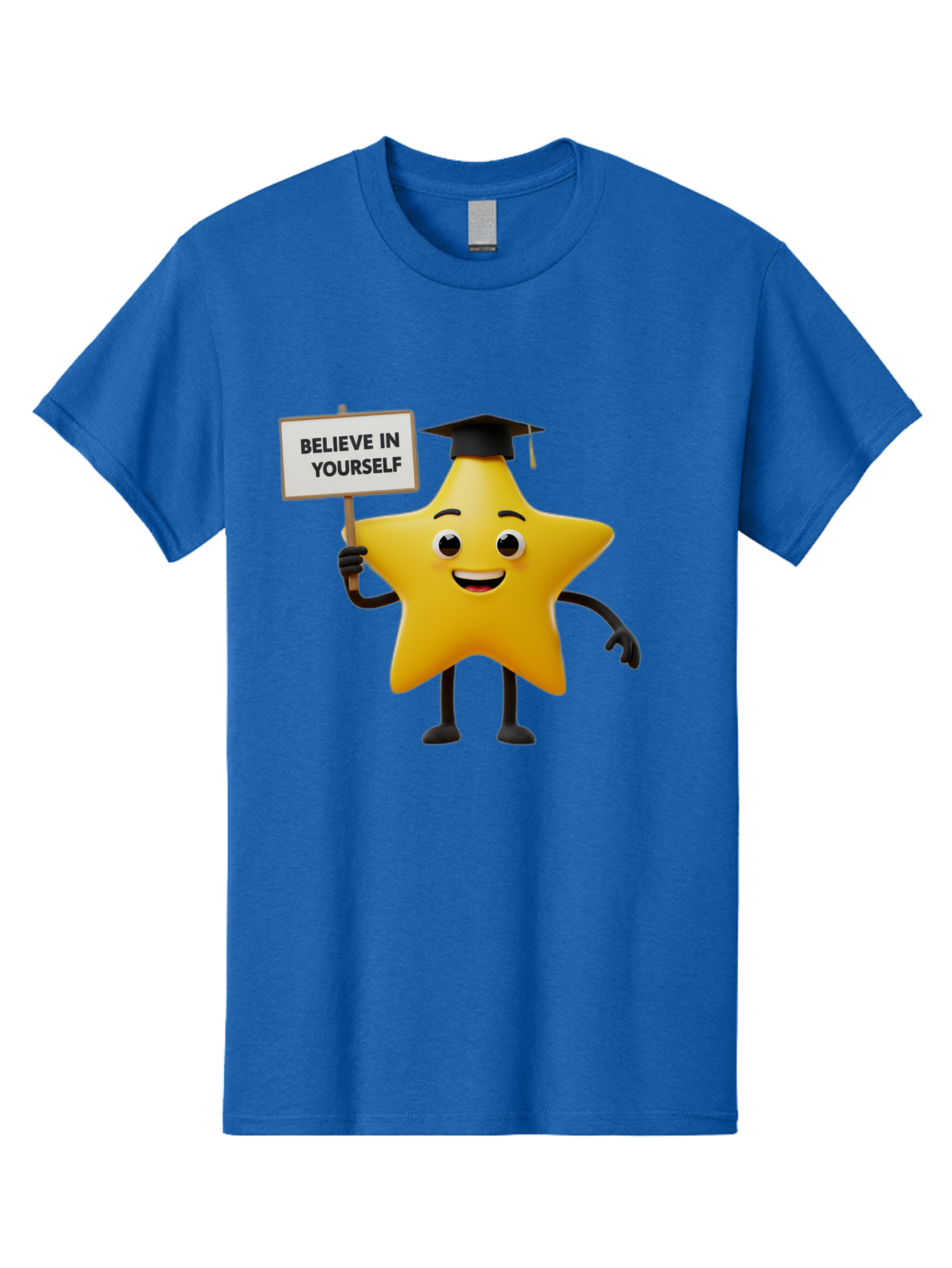 Believe-In-Yourself-10 Men'S Graphic Tee, 100% Cotton, Comfortable Casual Summer Wear, Machine Washable, Motivational Star, Inspirational Quote, Graduation Cap, Self-Confidence, Positivity, Encouragement, Yellow Star Character, Bae127