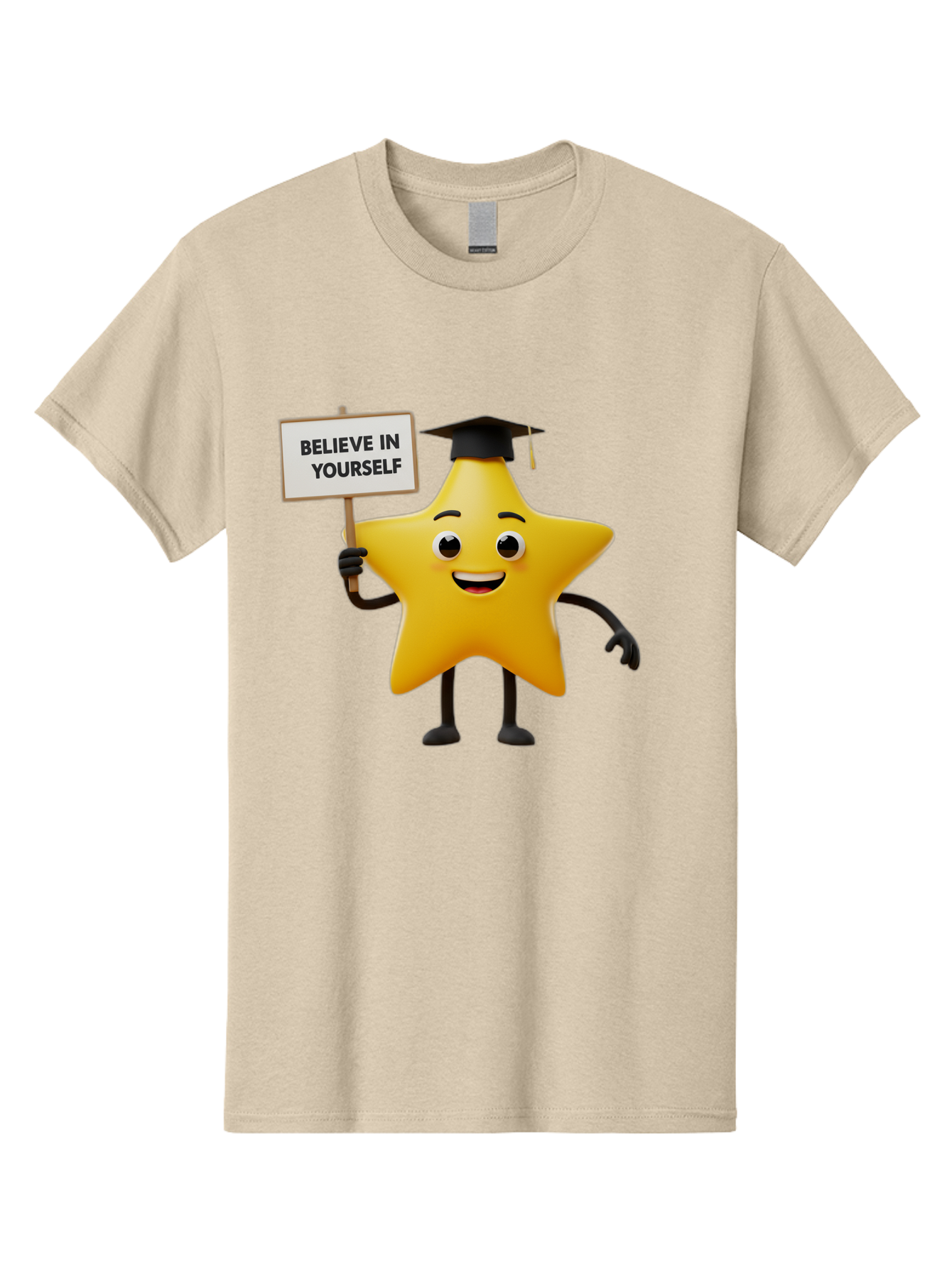 Believe-In-Yourself-10 Men'S Graphic Tee, 100% Cotton, Comfortable Casual Summer Wear, Machine Washable, Motivational Star, Inspirational Quote, Graduation Cap, Self-Confidence, Positivity, Encouragement, Yellow Star Character, Bae127
