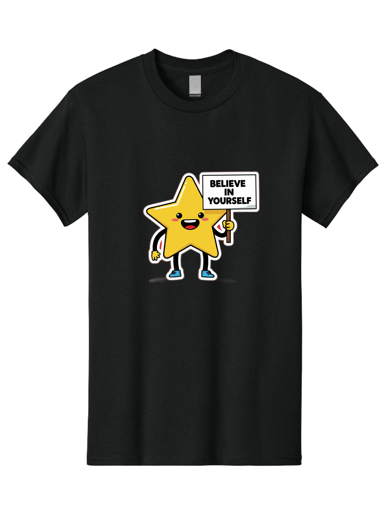 Believe-In-Yourself-2 Men'S Graphic Tee, 100% Cotton, Comfortable Casual Summer Wear, Machine Washable, Motivational Star, Positive Affirmation, Inspiring Cartoon Character, Confidence Booster, Self-Empowerment Message, Yellow Star Character, Bae128
