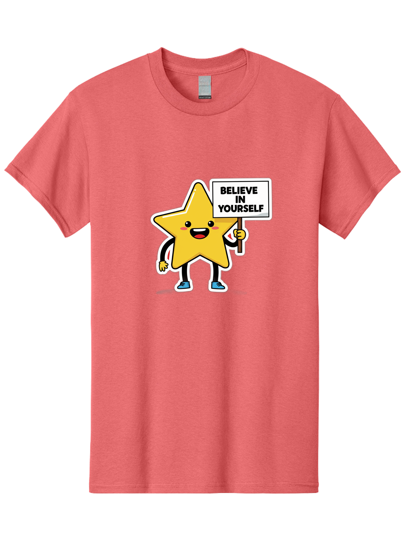 Believe-In-Yourself-2 Men'S Graphic Tee, 100% Cotton, Comfortable Casual Summer Wear, Machine Washable, Motivational Star, Positive Affirmation, Inspiring Cartoon Character, Confidence Booster, Self-Empowerment Message, Yellow Star Character, Bae128