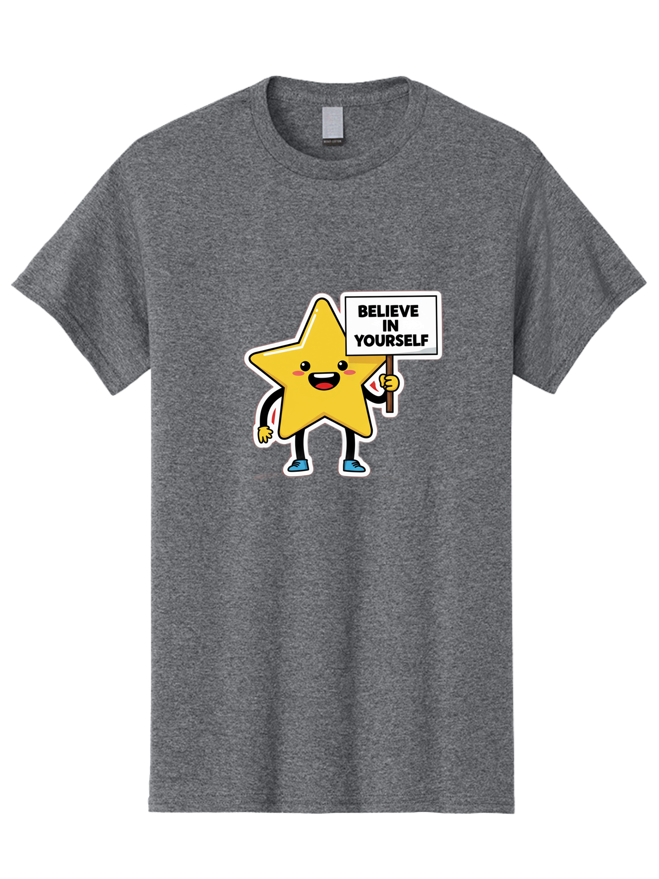 Believe-In-Yourself-2 Men'S Graphic Tee, 100% Cotton, Comfortable Casual Summer Wear, Machine Washable, Motivational Star, Positive Affirmation, Inspiring Cartoon Character, Confidence Booster, Self-Empowerment Message, Yellow Star Character, Bae128