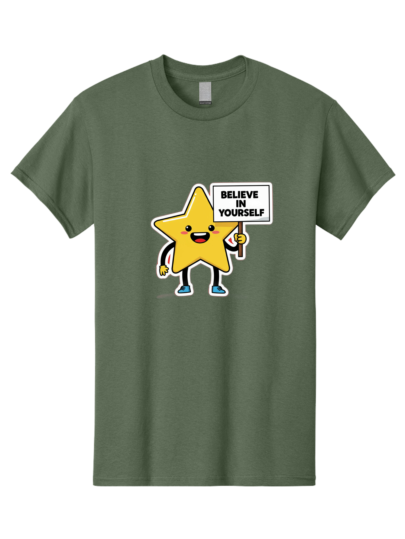 Believe-In-Yourself-2 Men'S Graphic Tee, 100% Cotton, Comfortable Casual Summer Wear, Machine Washable, Motivational Star, Positive Affirmation, Inspiring Cartoon Character, Confidence Booster, Self-Empowerment Message, Yellow Star Character, Bae128