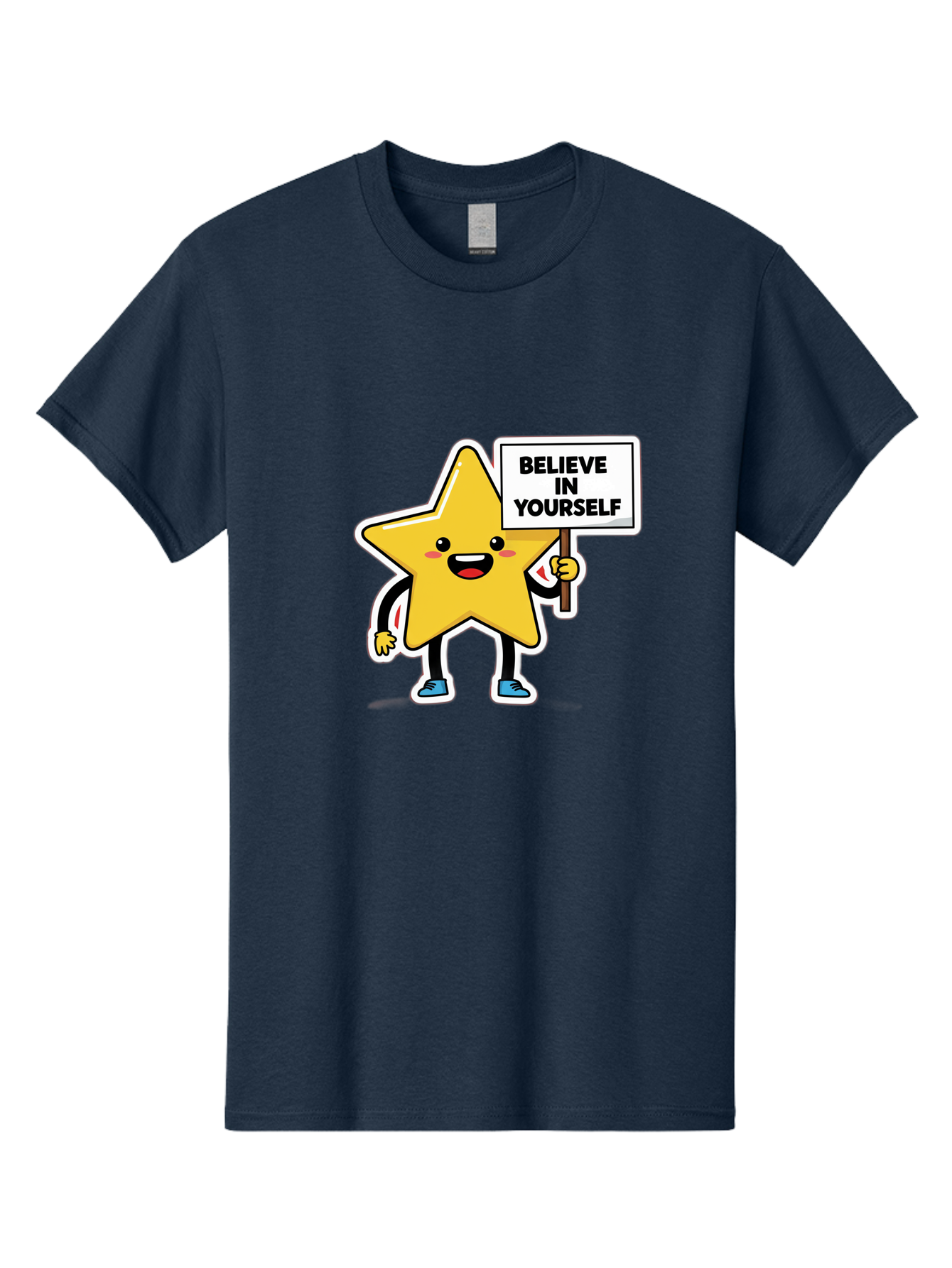 Believe-In-Yourself-2 Men'S Graphic Tee, 100% Cotton, Comfortable Casual Summer Wear, Machine Washable, Motivational Star, Positive Affirmation, Inspiring Cartoon Character, Confidence Booster, Self-Empowerment Message, Yellow Star Character, Bae128