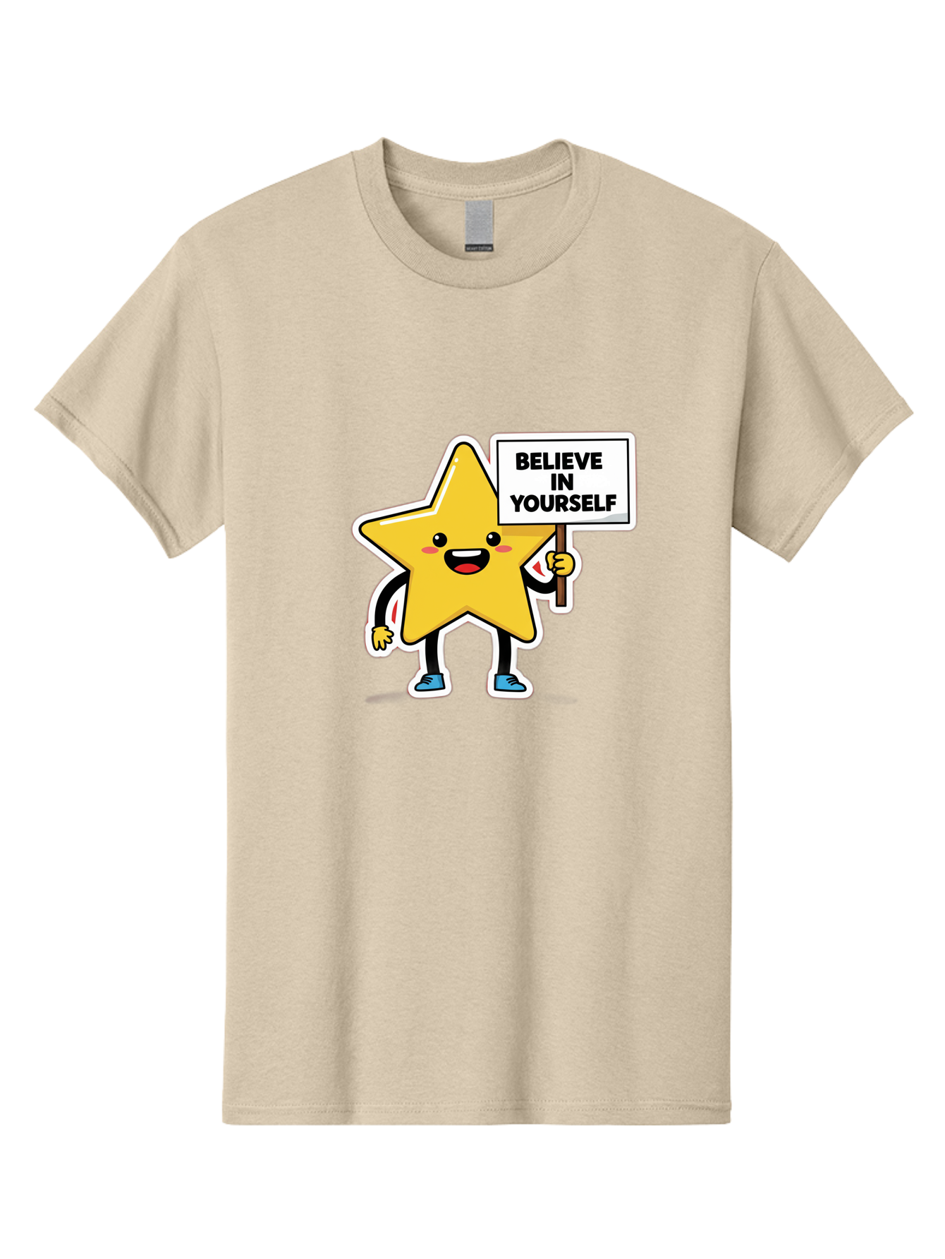 Believe-In-Yourself-2 Men'S Graphic Tee, 100% Cotton, Comfortable Casual Summer Wear, Machine Washable, Motivational Star, Positive Affirmation, Inspiring Cartoon Character, Confidence Booster, Self-Empowerment Message, Yellow Star Character, Bae128