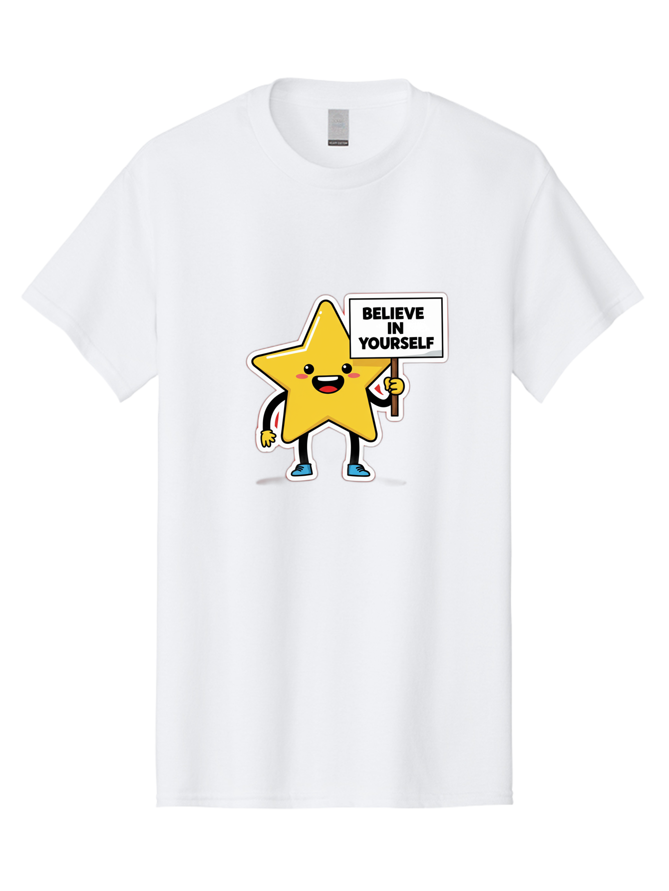 Believe-In-Yourself-2 Men'S Graphic Tee, 100% Cotton, Comfortable Casual Summer Wear, Machine Washable, Motivational Star, Positive Affirmation, Inspiring Cartoon Character, Confidence Booster, Self-Empowerment Message, Yellow Star Character, Bae128