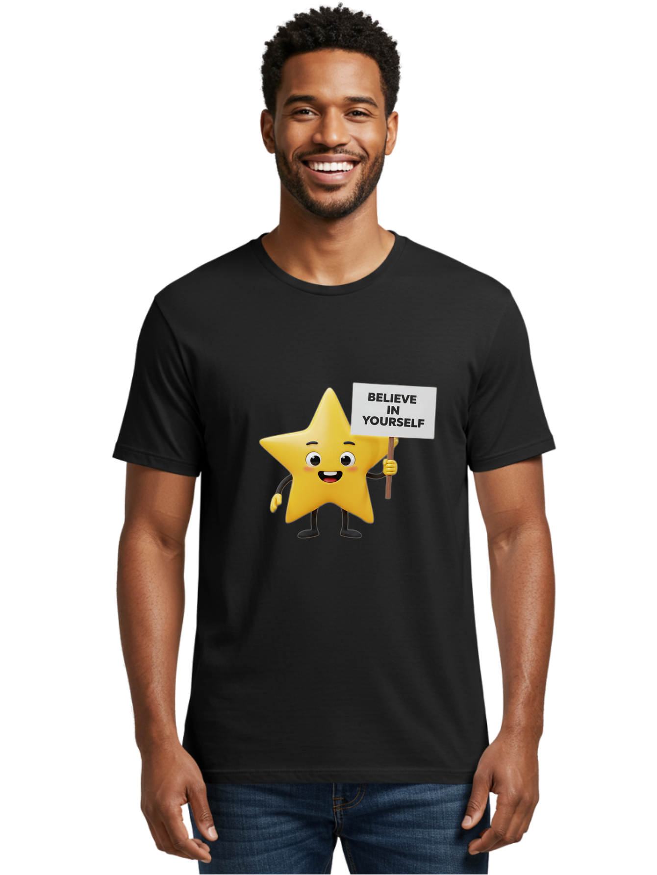 Believe-In-Yourself-3 Men'S Graphic Tee, 100% Cotton, Comfortable Casual Summer Wear, Machine Washable, Motivational Star Character, Believe In Yourself Sign, Positivity, Encouragement, Confidence Booster, Inspirational Quote, Bae129