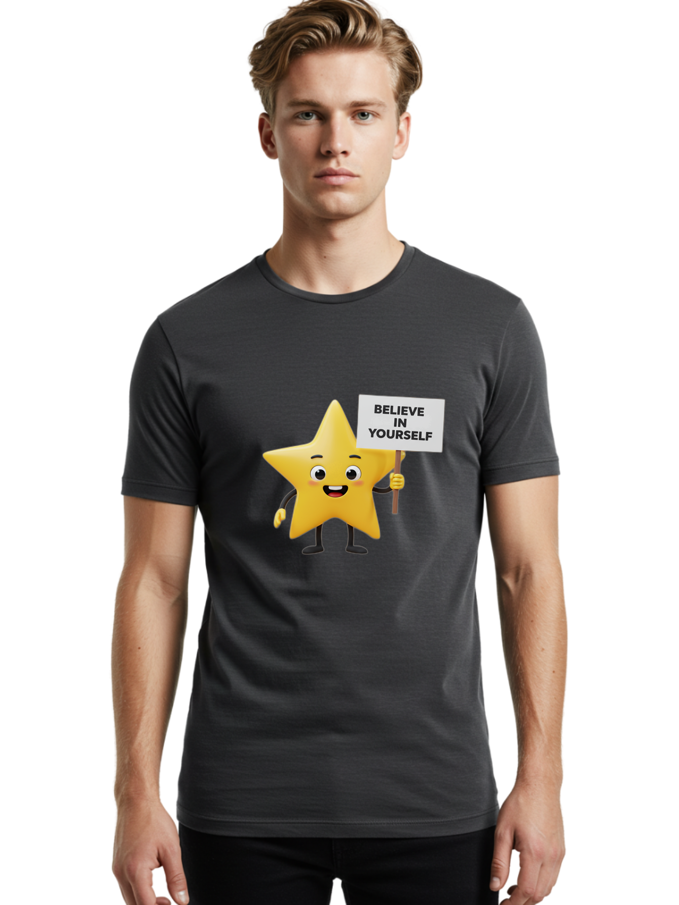 Believe-In-Yourself-3 Men'S Graphic Tee, 100% Cotton, Comfortable Casual Summer Wear, Machine Washable, Motivational Star Character, Believe In Yourself Sign, Positivity, Encouragement, Confidence Booster, Inspirational Quote, Bae129