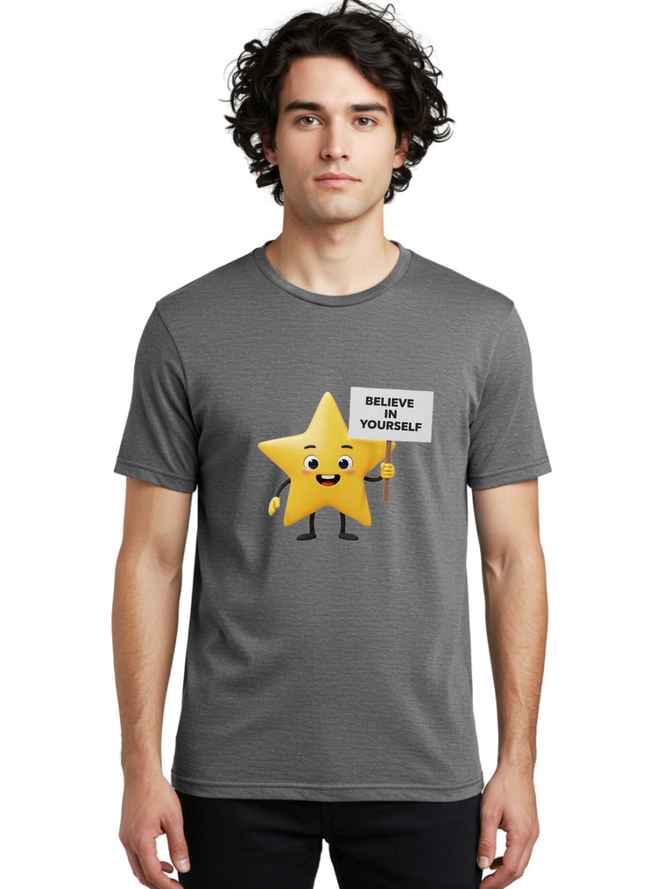 Believe-In-Yourself-3 Men'S Graphic Tee, 100% Cotton, Comfortable Casual Summer Wear, Machine Washable, Motivational Star Character, Believe In Yourself Sign, Positivity, Encouragement, Confidence Booster, Inspirational Quote, Bae129