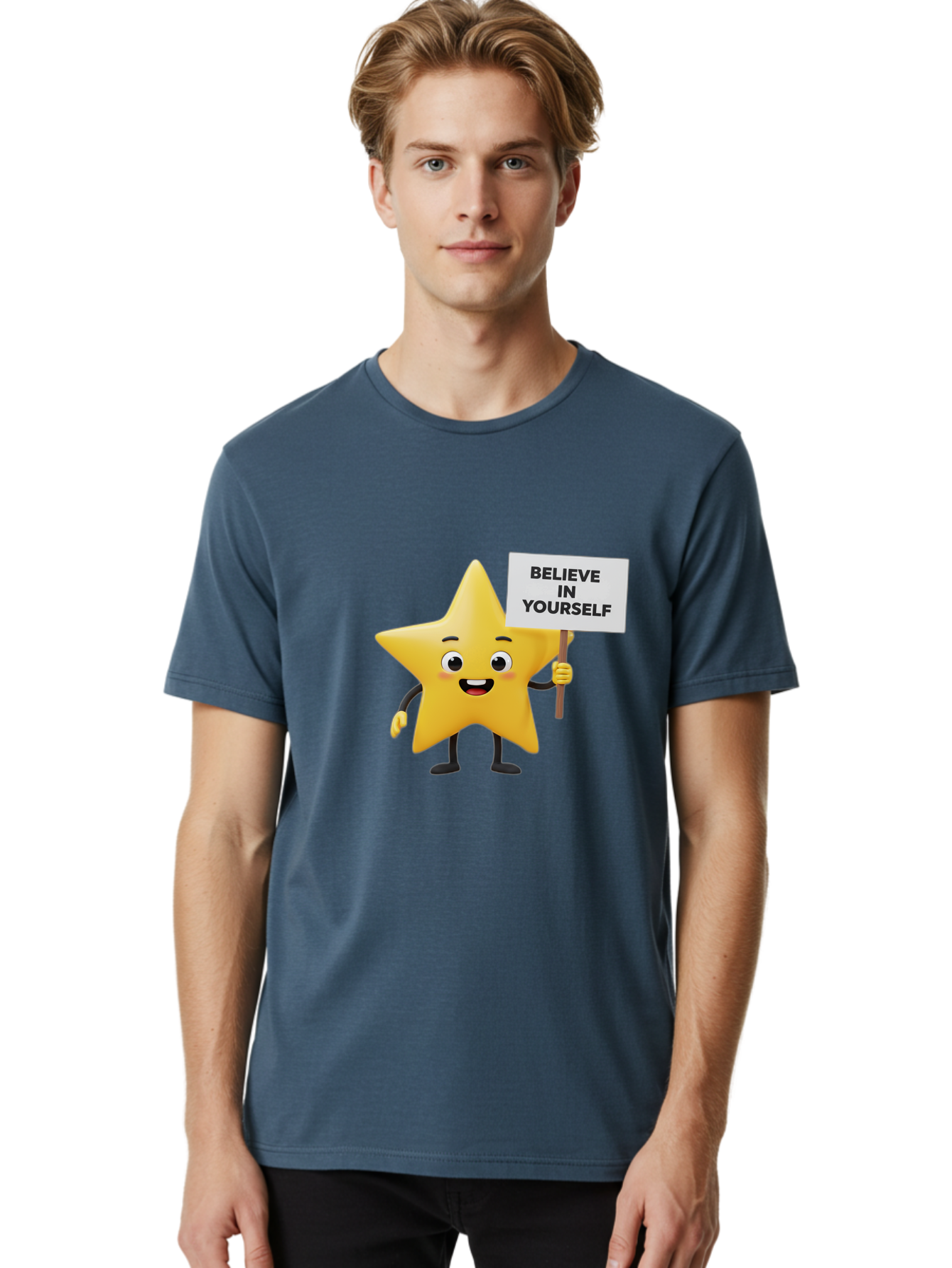 Believe-In-Yourself-3 Men'S Graphic Tee, 100% Cotton, Comfortable Casual Summer Wear, Machine Washable, Motivational Star Character, Believe In Yourself Sign, Positivity, Encouragement, Confidence Booster, Inspirational Quote, Bae129