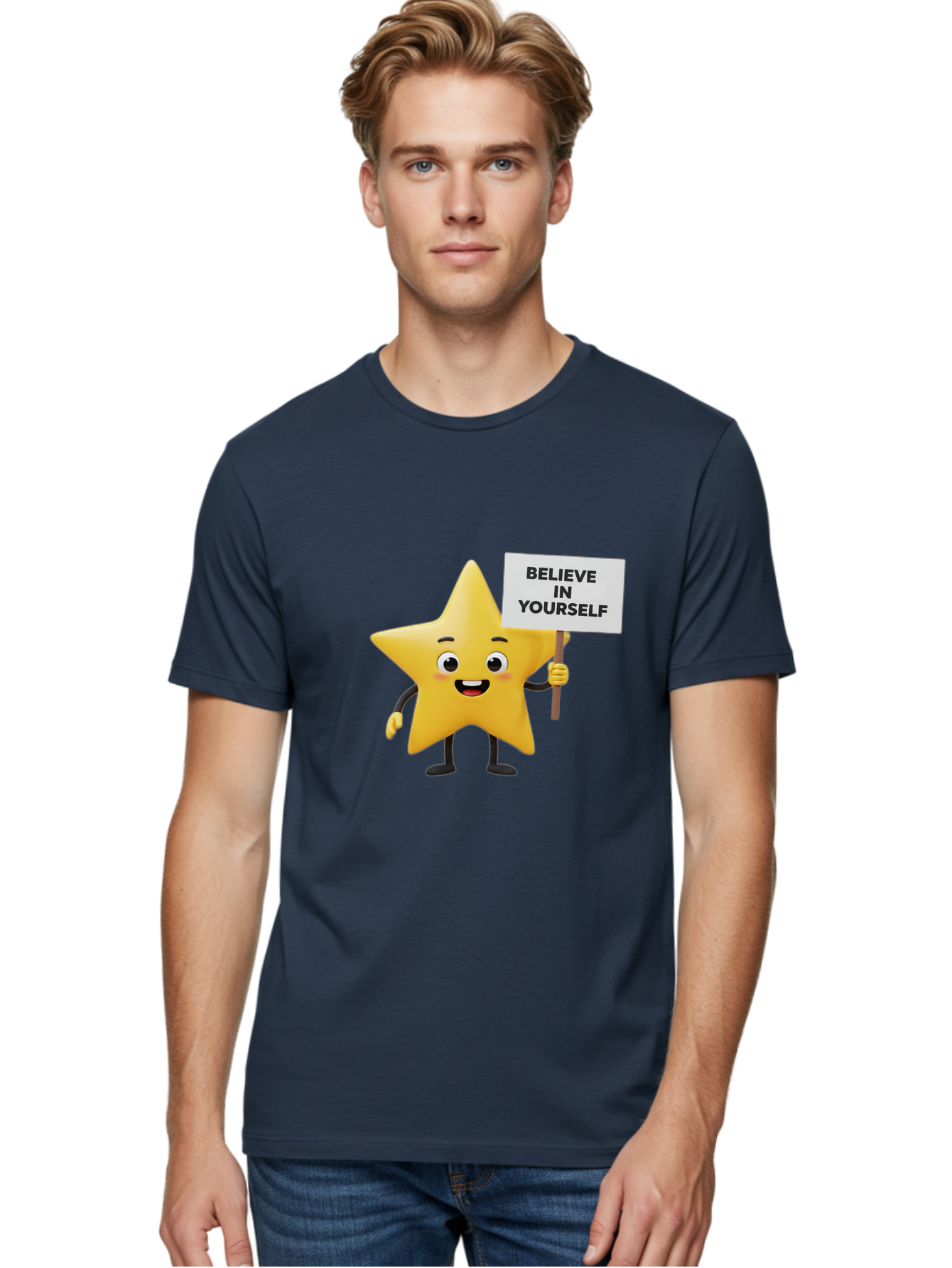 Believe-In-Yourself-3 Men'S Graphic Tee, 100% Cotton, Comfortable Casual Summer Wear, Machine Washable, Motivational Star Character, Believe In Yourself Sign, Positivity, Encouragement, Confidence Booster, Inspirational Quote, Bae129