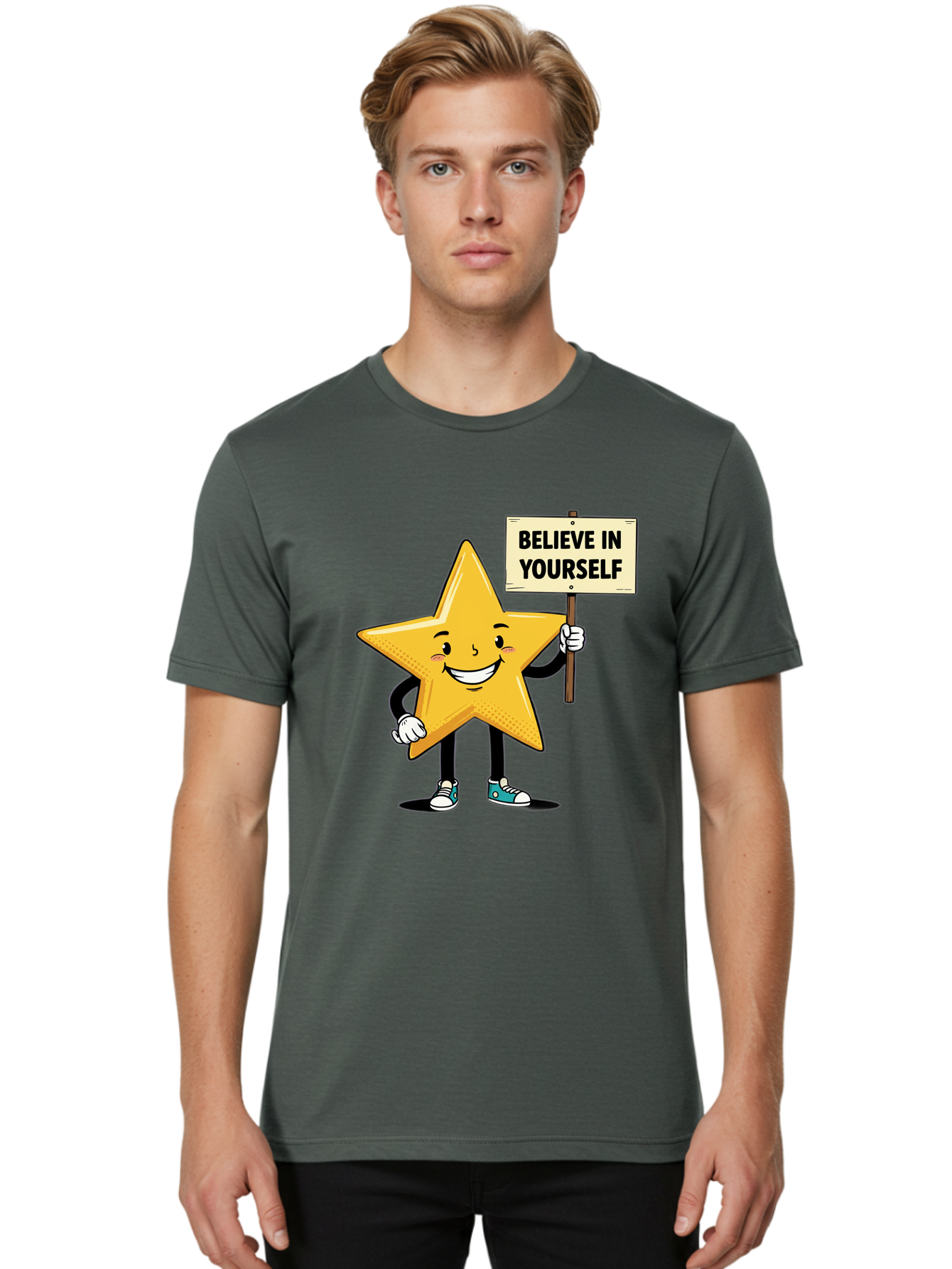 Believe-In-Yourself-4 Men'S Graphic Tee, 100% Cotton, Comfortable Casual Summer Wear, Machine Washable, Motivational Star Character, Inspirational Message, Self-Confidence Boost, Positivity, Encouragement, Smiling Star, Cartoon Character, Bae130