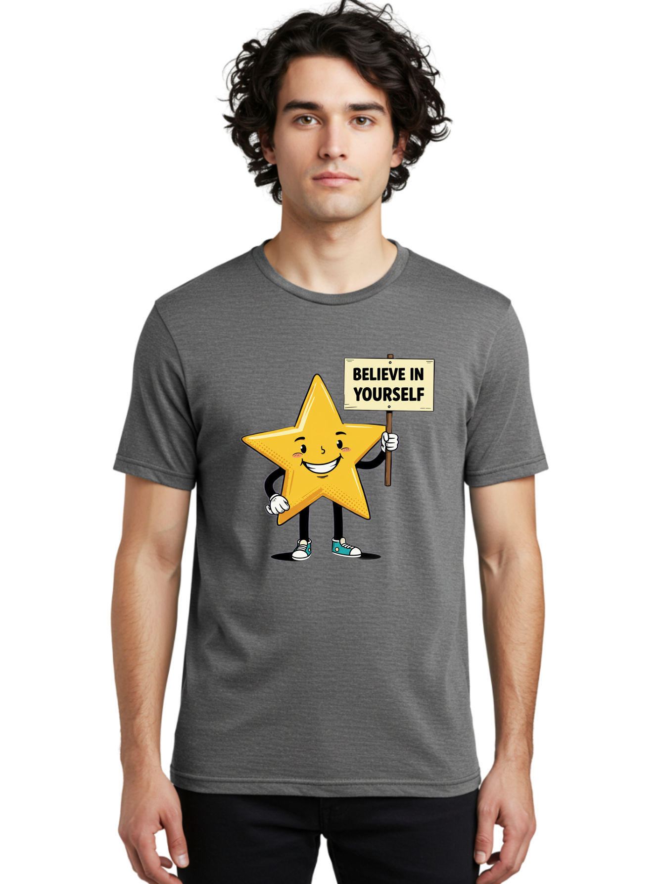 Believe-In-Yourself-4 Men'S Graphic Tee, 100% Cotton, Comfortable Casual Summer Wear, Machine Washable, Motivational Star Character, Inspirational Message, Self-Confidence Boost, Positivity, Encouragement, Smiling Star, Cartoon Character, Bae130