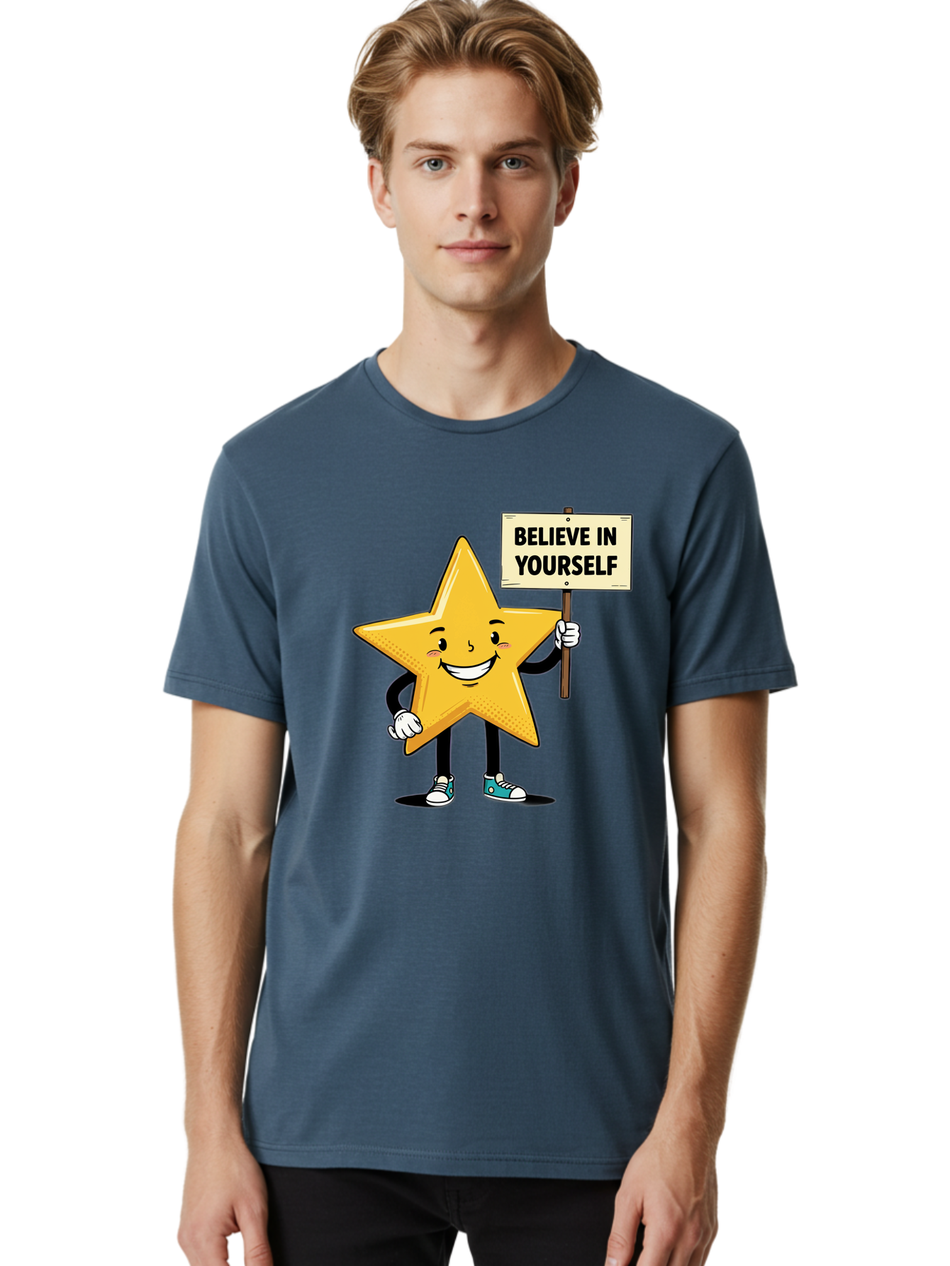 Believe-In-Yourself-4 Men'S Graphic Tee, 100% Cotton, Comfortable Casual Summer Wear, Machine Washable, Motivational Star Character, Inspirational Message, Self-Confidence Boost, Positivity, Encouragement, Smiling Star, Cartoon Character, Bae130
