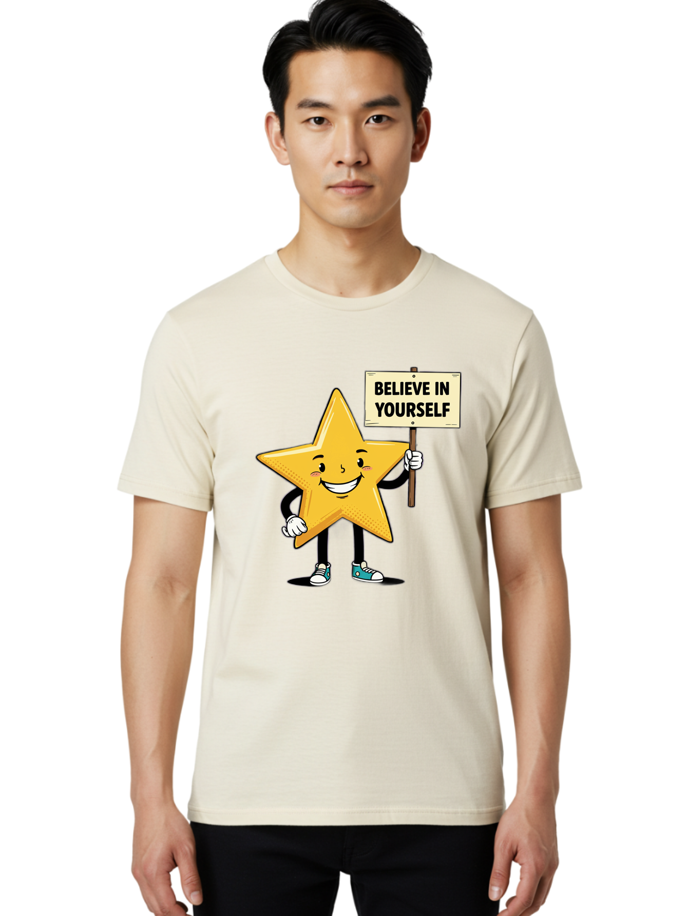 Believe-In-Yourself-4 Men'S Graphic Tee, 100% Cotton, Comfortable Casual Summer Wear, Machine Washable, Motivational Star Character, Inspirational Message, Self-Confidence Boost, Positivity, Encouragement, Smiling Star, Cartoon Character, Bae130