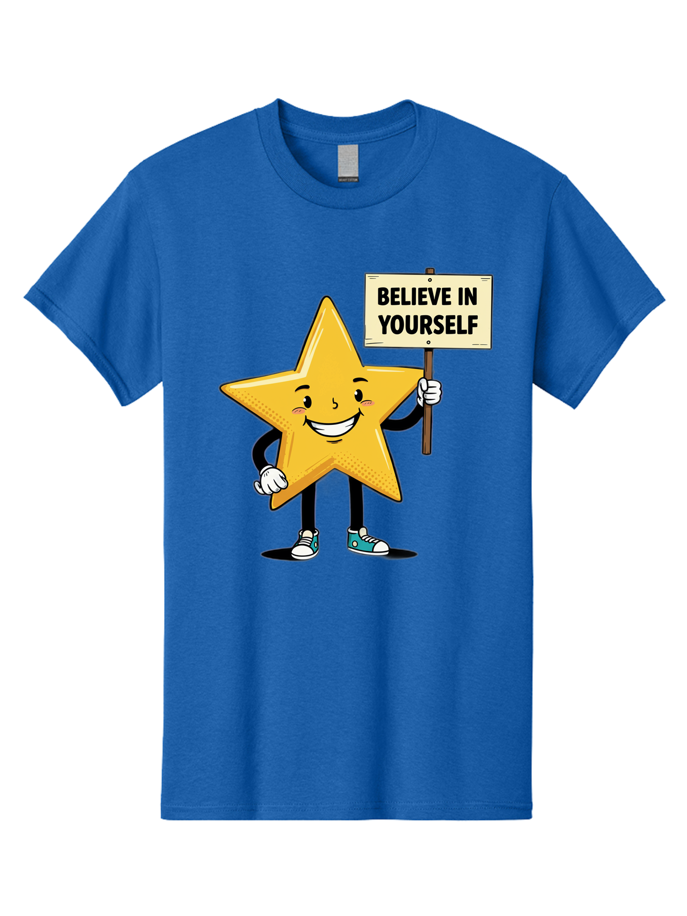 Believe-In-Yourself-4 Men'S Graphic Tee, 100% Cotton, Comfortable Casual Summer Wear, Machine Washable, Motivational Star Character, Inspirational Message, Self-Confidence Boost, Positivity, Encouragement, Smiling Star, Cartoon Character, Bae130