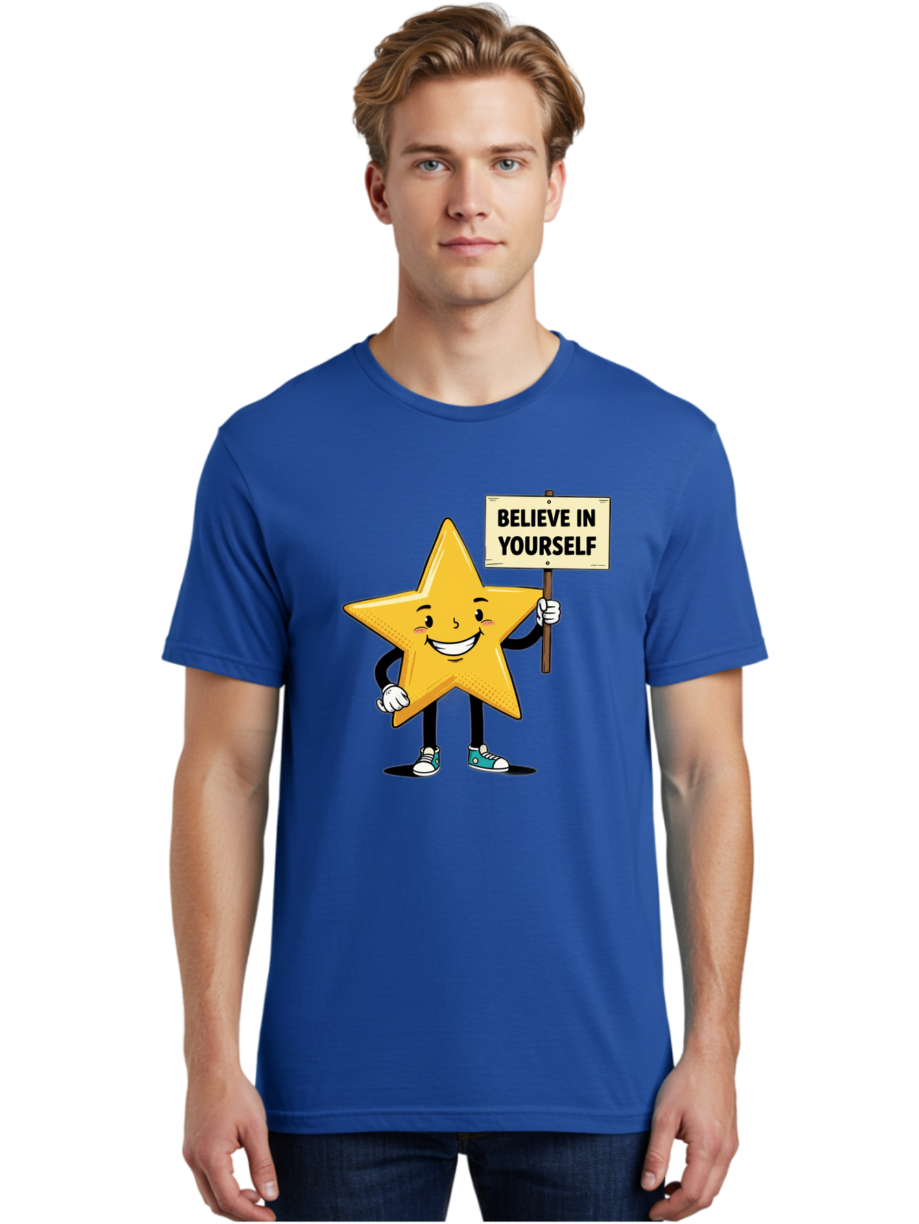 Believe-In-Yourself-4 Men'S Graphic Tee, 100% Cotton, Comfortable Casual Summer Wear, Machine Washable, Motivational Star Character, Inspirational Message, Self-Confidence Boost, Positivity, Encouragement, Smiling Star, Cartoon Character, Bae130