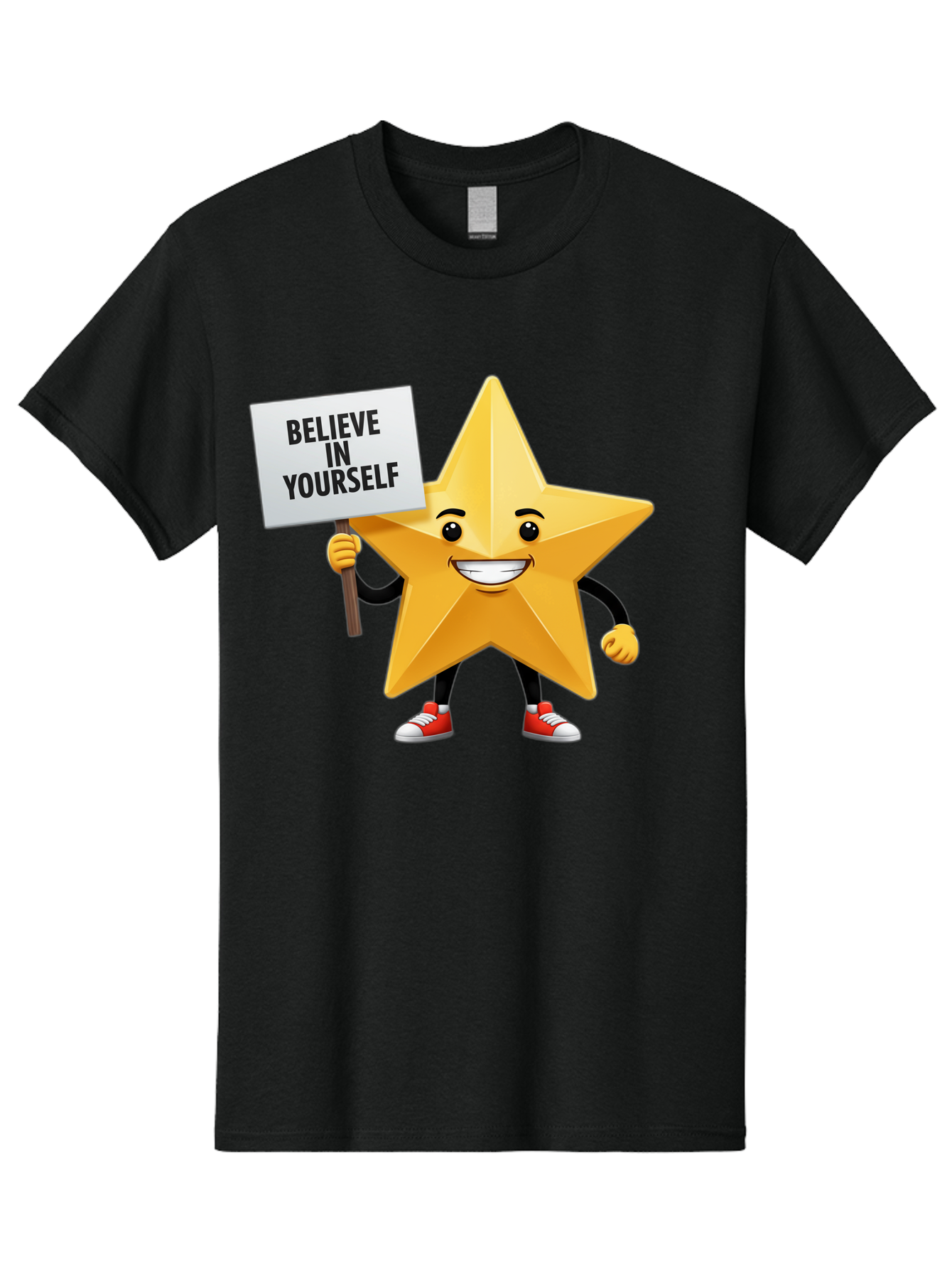 Believe-In-Yourself-6 Men'S Graphic Tee, 100% Cotton, Comfortable Casual Summer Wear, Machine Washable, Motivational Star, Inspirational Quote, Positive Message, Self-Confidence Booster, Cartoon Character, Yellow Star, Red Sneakers, Bae132