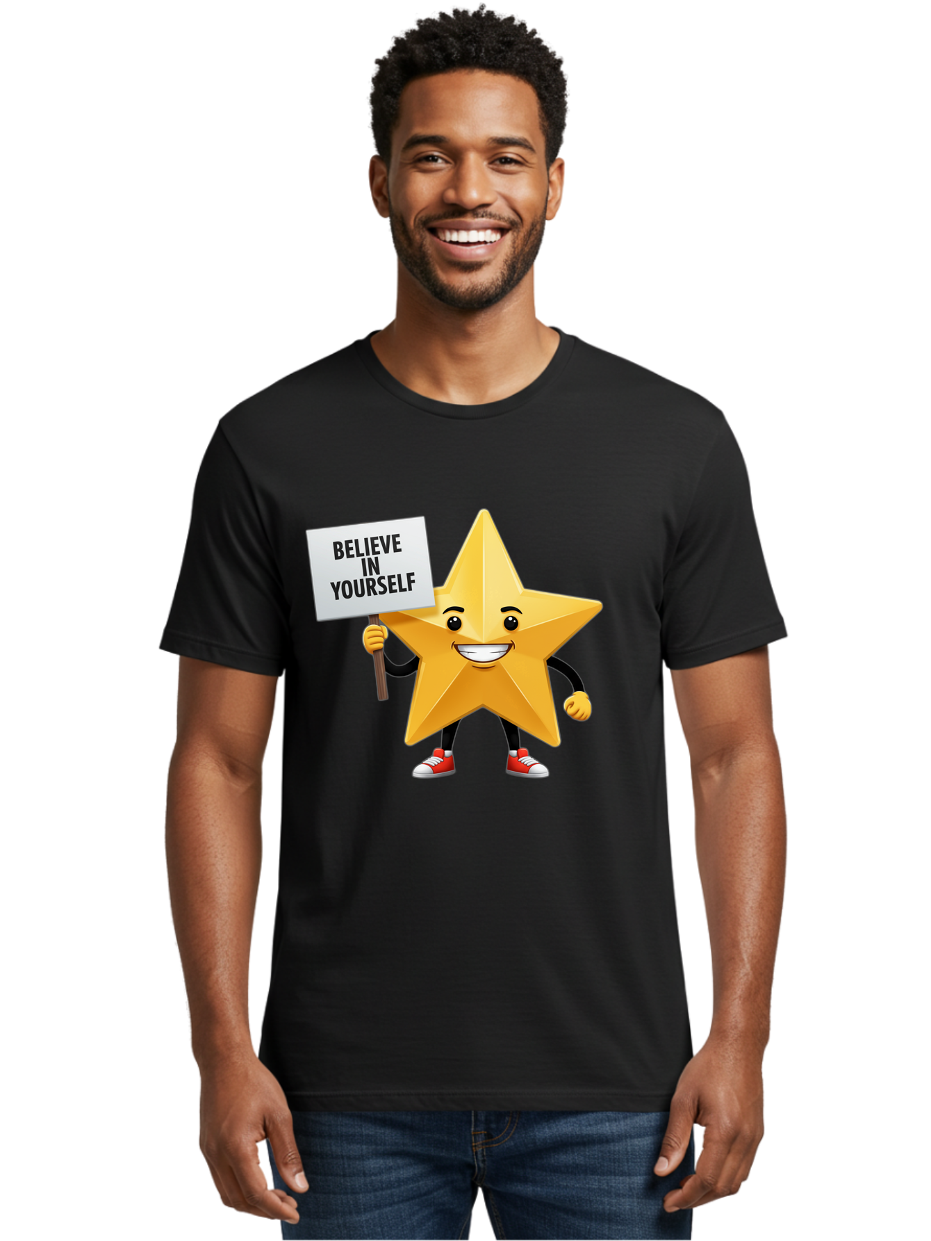 Believe-In-Yourself-6 Men'S Graphic Tee, 100% Cotton, Comfortable Casual Summer Wear, Machine Washable, Motivational Star, Inspirational Quote, Positive Message, Self-Confidence Booster, Cartoon Character, Yellow Star, Red Sneakers, Bae132